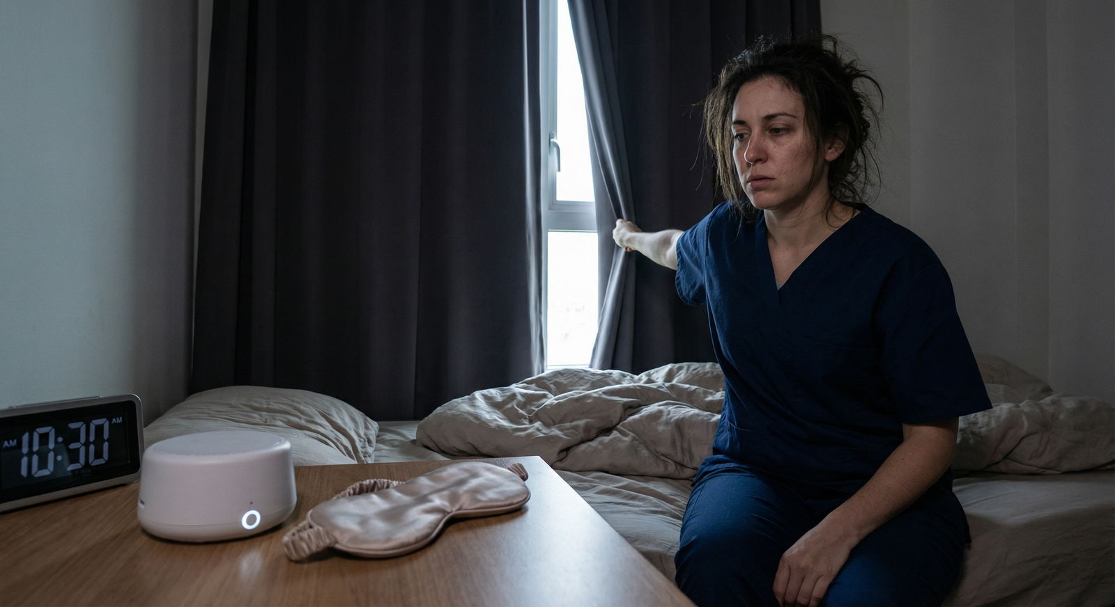 Medical resident using blackout curtains and white noise for daytime sleep Medical resident using blackout curtains and white noise for daytime sleep - Night Shift for Mastering Your Sleep Schedule: N