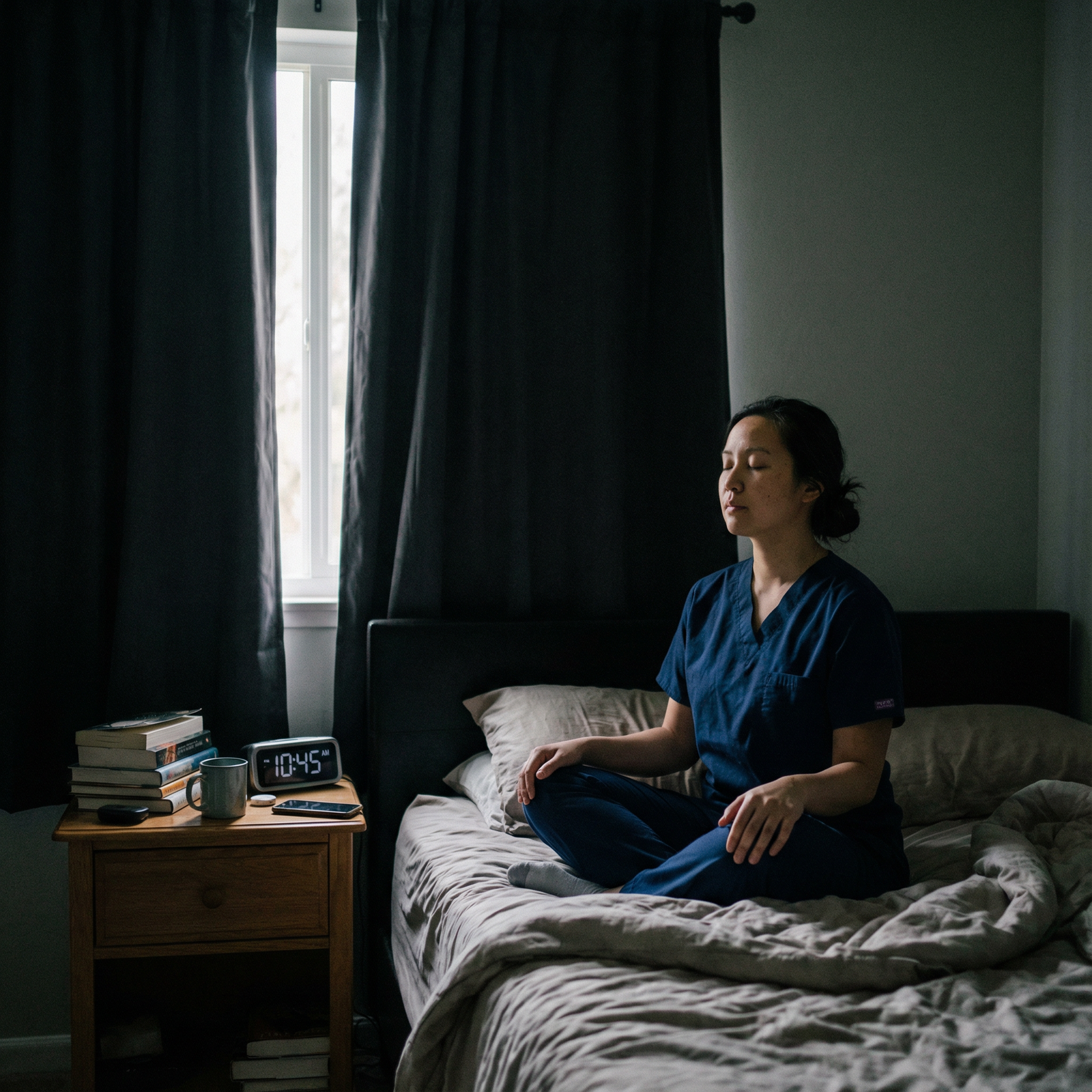 Night shift resident practicing relaxation techniques before daytime sleep Night shift resident practicing relaxation techniques before daytime sleep - Night Shift for Mastering Your Sleep Schedule: N