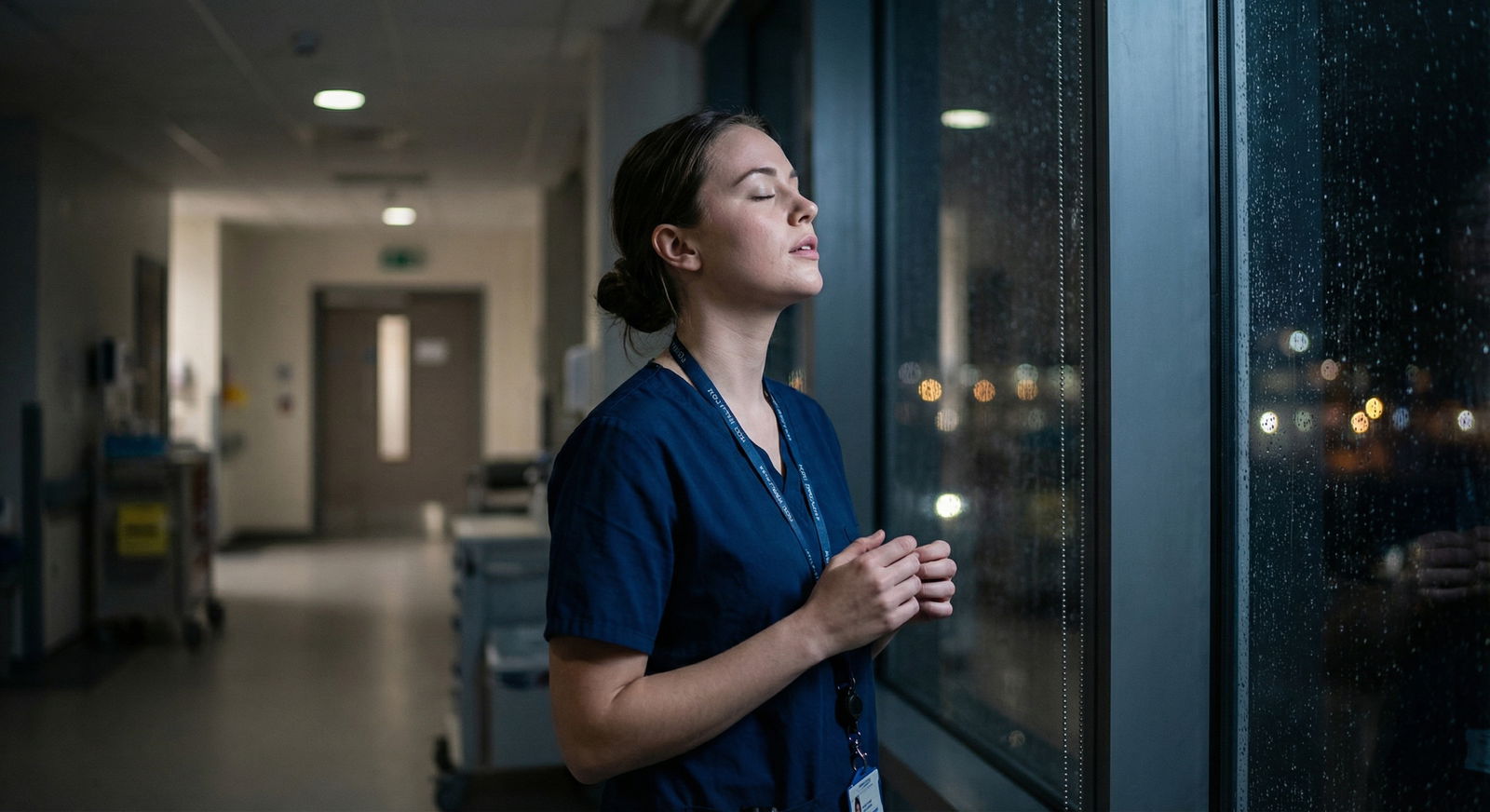 Resident taking a mindful breathing break before returning to work Resident taking a mindful breathing break before returning to work - Night Shift Workers for Revitalize Your Night Shift: Eff