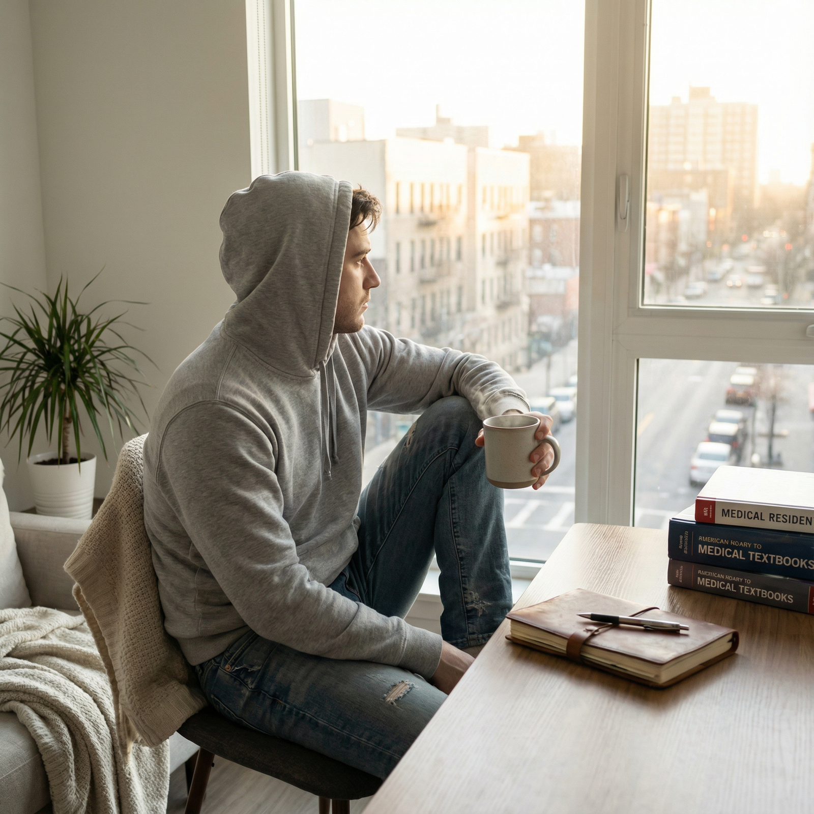 Resident practicing self-care and reflection after a night shift Resident practicing self-care and reflection after a night shift - Night Shift Strategies for Mastering Night Shift: Essentia