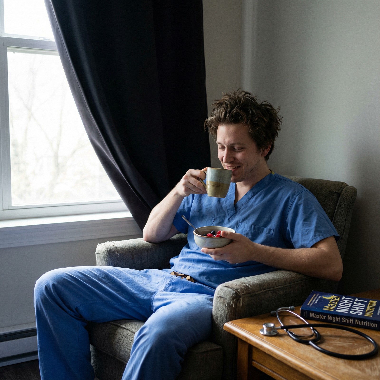 Resident enjoying a light meal before daytime sleep Resident enjoying a light meal before daytime sleep - Night Shift Nutrition for Master Night Shift Nutrition: Essential Tips