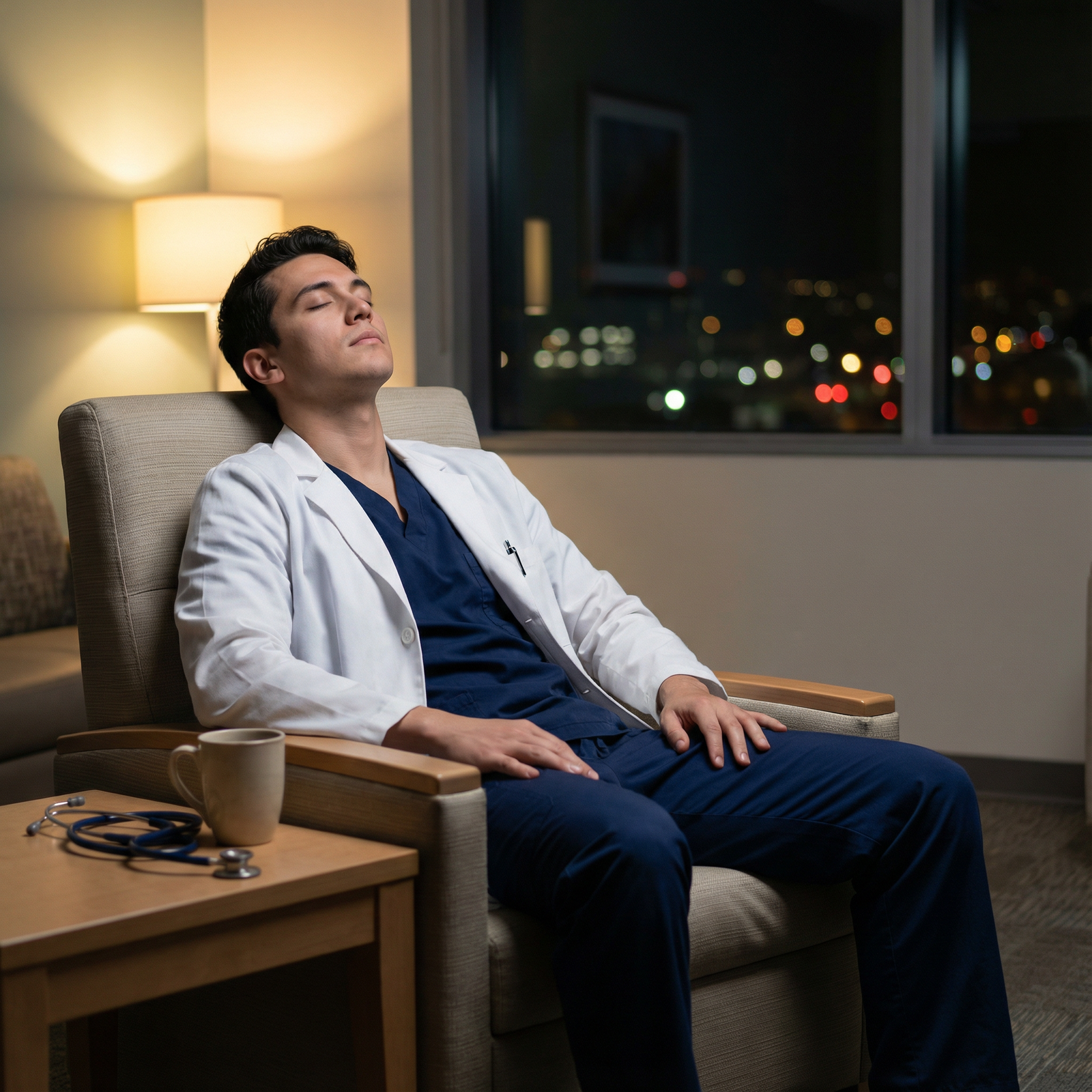 Resident physician practicing mindfulness during a quiet night shift moment Resident physician practicing mindfulness during a quiet night shift moment - Night Shift for Essential Night Shift Strategie