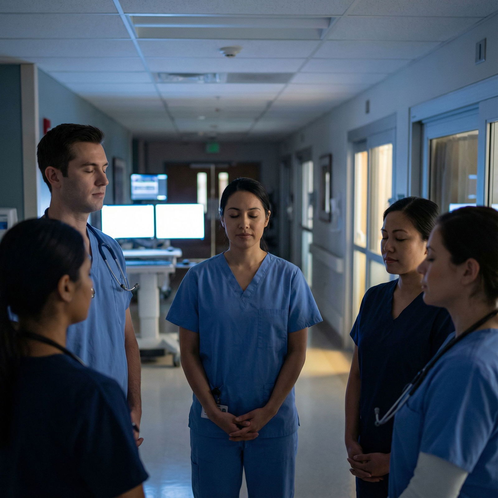 Night shift healthcare team practicing brief mindfulness techniques in a hospital corridor Night shift healthcare team practicing brief mindfulness techniques in a hospital corridor - Mindfulness for Stay Sharp on Ni