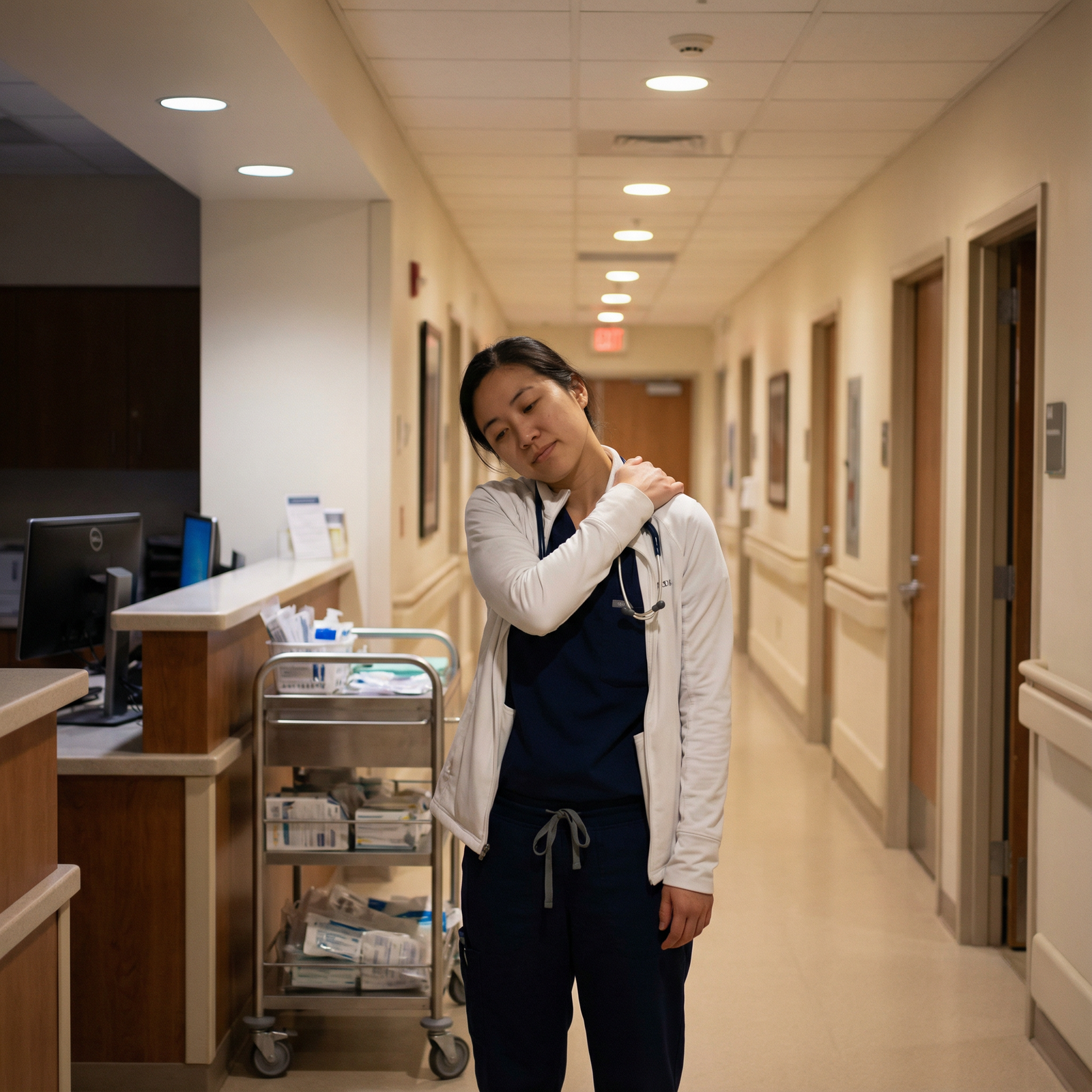 Resident physician taking a brief stretch break during night shift Resident physician taking a brief stretch break during night shift - Night Shift for Mastering Night Shift: Essential Stress