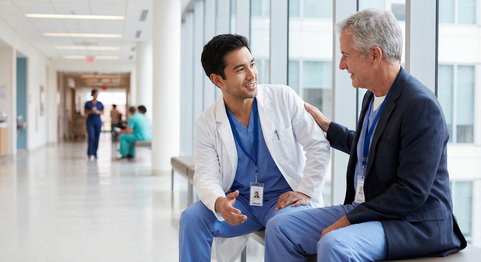 Resident physician talking with a mentor in a hospital corridor - Burnout Prevention for Building Your Resilience: Top Strate