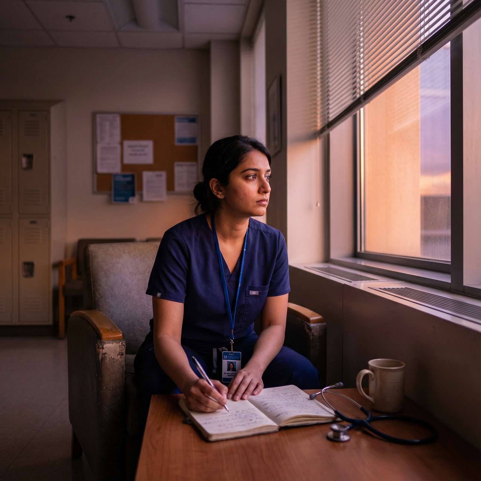 Resident reflecting and journaling after a demanding shift Resident reflecting and journaling after a demanding shift - Emotional Intelligence for Harness Emotional Intelligence to Com