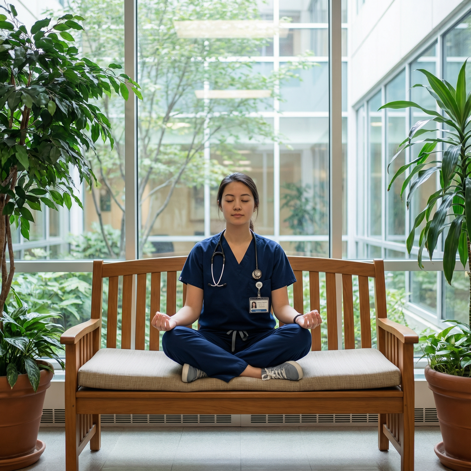 Resident physician practicing mindfulness in a quiet hospital space - Burnout Prevention for Essential Strategies for Burnout