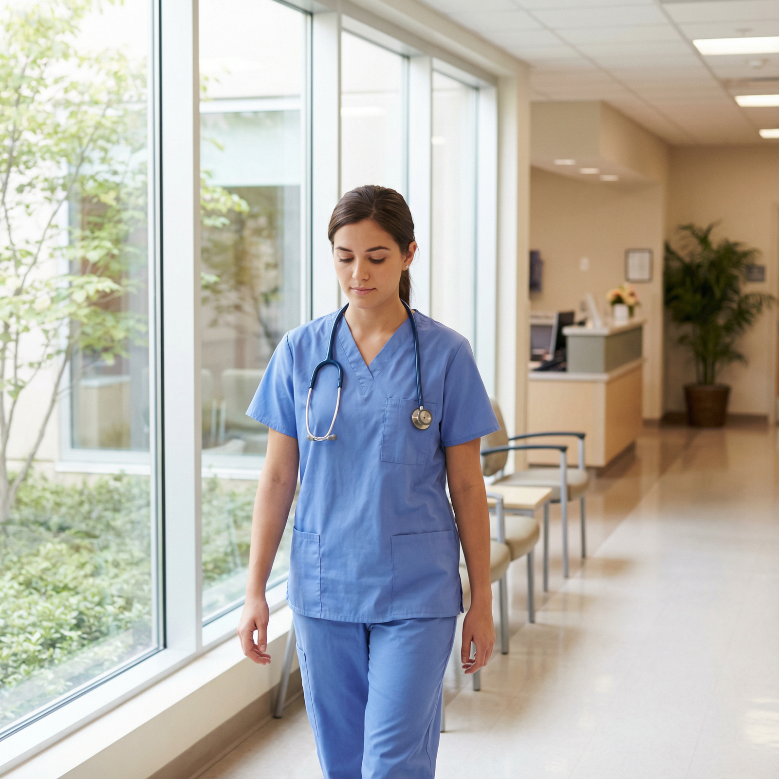 Medical resident practicing mindful walking during a short break - Mindfulness for Essential Mindfulness Strategies to Combat
