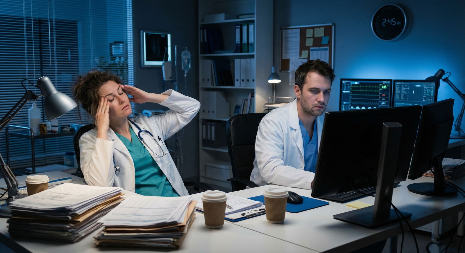 Overworked residents in a hospital workroom - burnout for Spotting Burnout in Residency: Essential Signs and Self-Care Tips