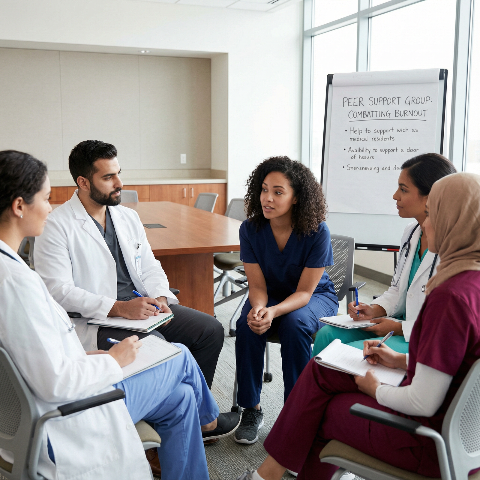 Residents participating in a peer support and debrief session - Burnout Prevention for Combatting Burnout: The Essential Role
