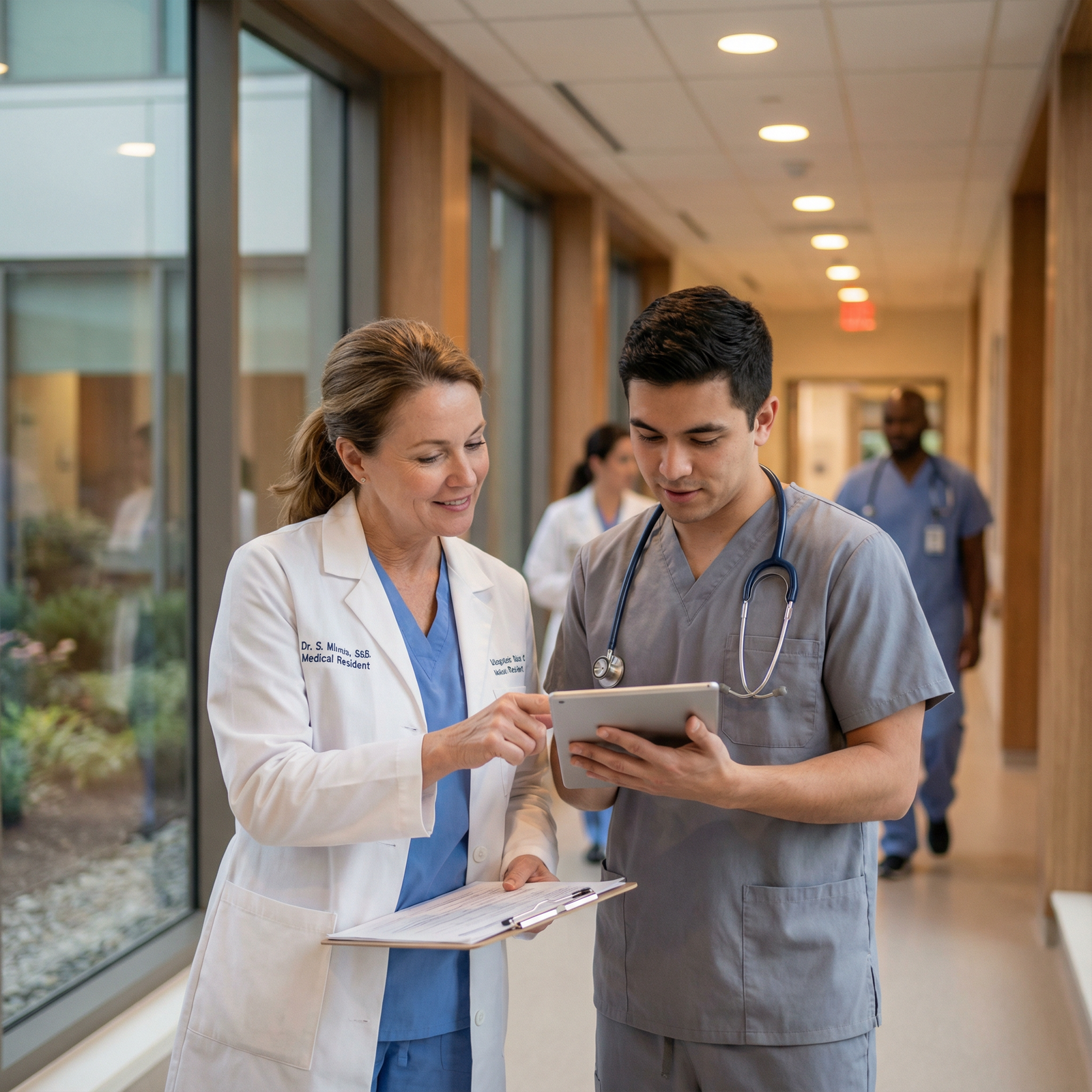 Senior resident mentoring junior resident in a hospital hallway Senior resident mentoring junior resident in a hospital hallway - Residency for Enhancing Your Medical Career: The Impact of
