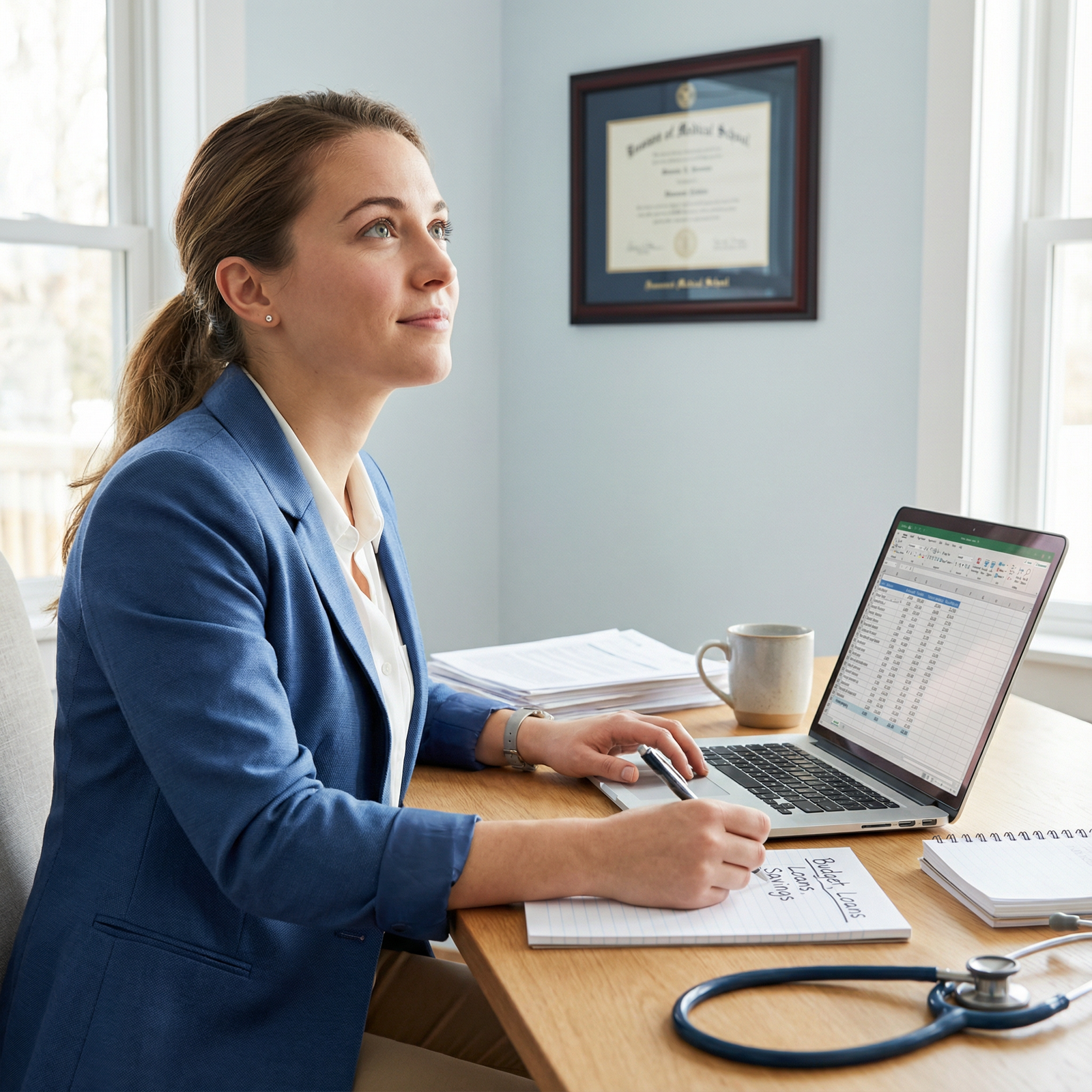 Medical resident reviewing finances and planning future goals Medical resident reviewing finances and planning future goals - Residency Finance for Mastering Residency Finance: Essential