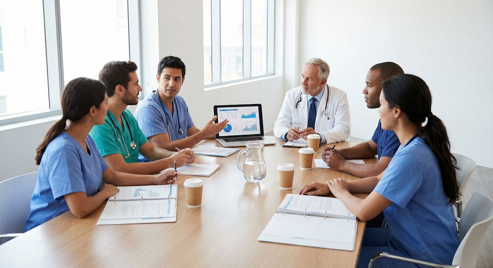 Multidisciplinary medical team collaborating during a case conference Multidisciplinary medical team collaborating during a case conference - Effective Communication for Mastering Communication S