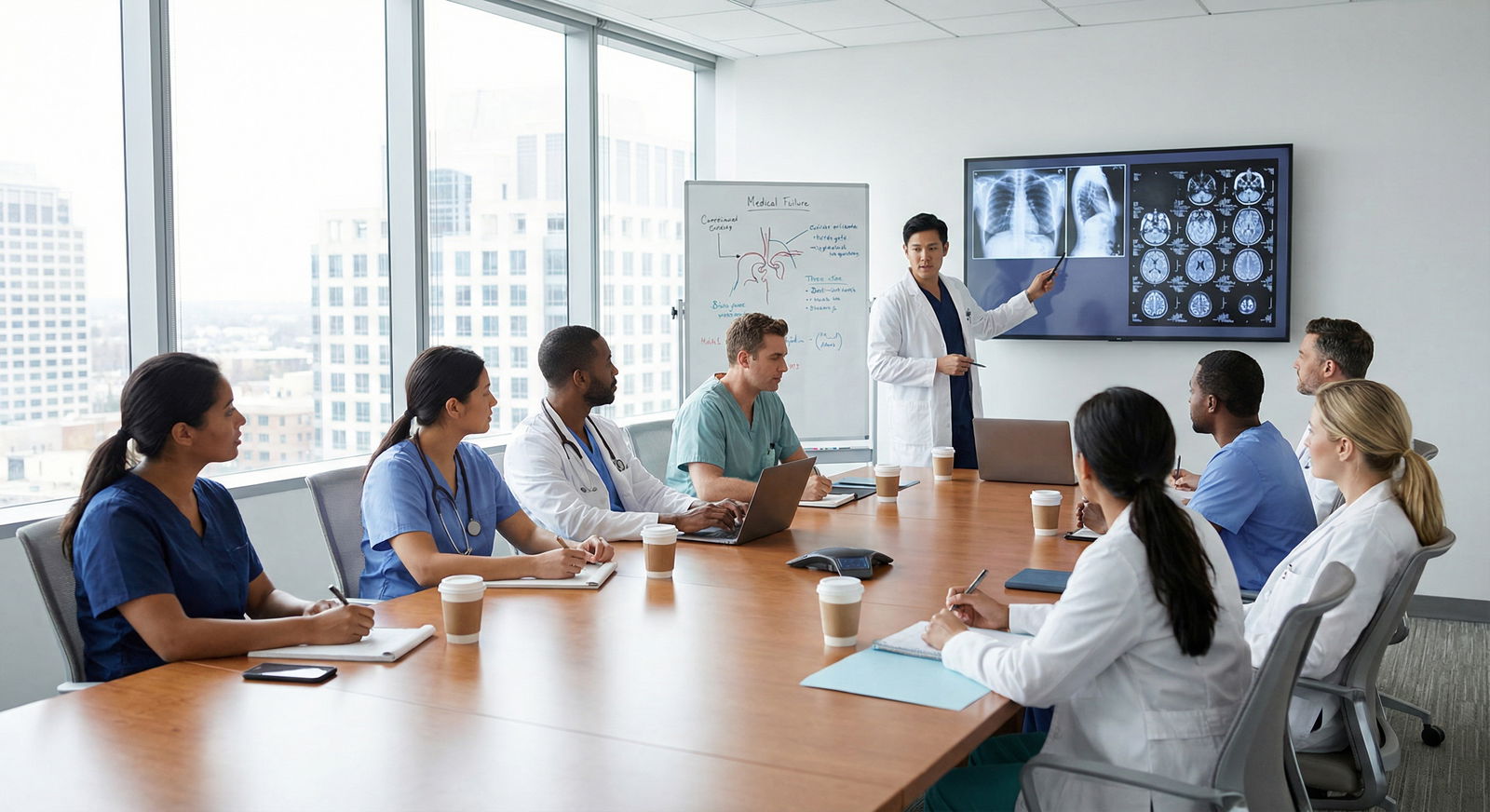 Medical residents collaborating during a case discussion Medical residents collaborating during a case discussion - Residency for Mastering Relationship Building in Residency: Networ