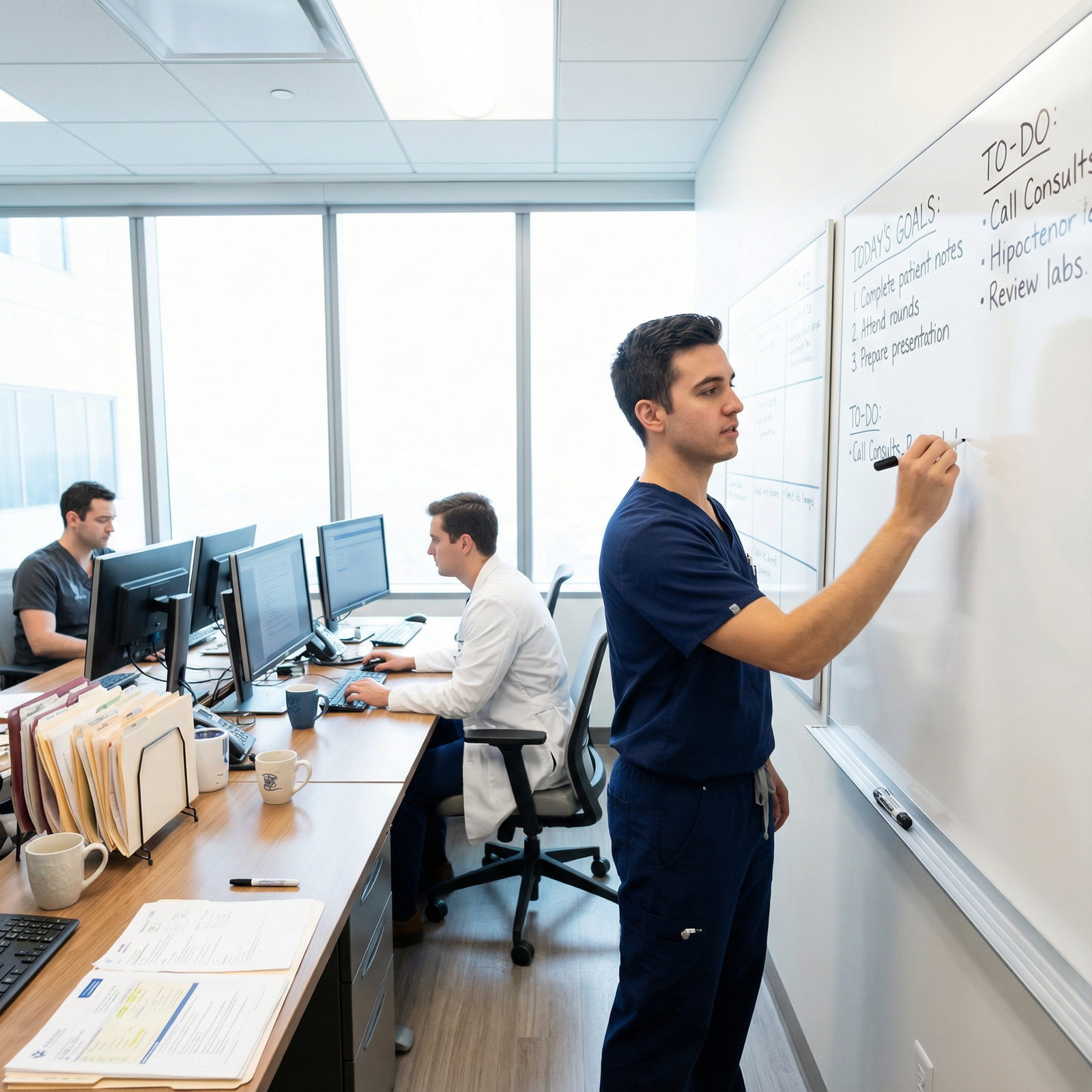 Resident physician tracking goals on a whiteboard in a workroom - Residency for Mastering Residency: Essential Goal Setting f