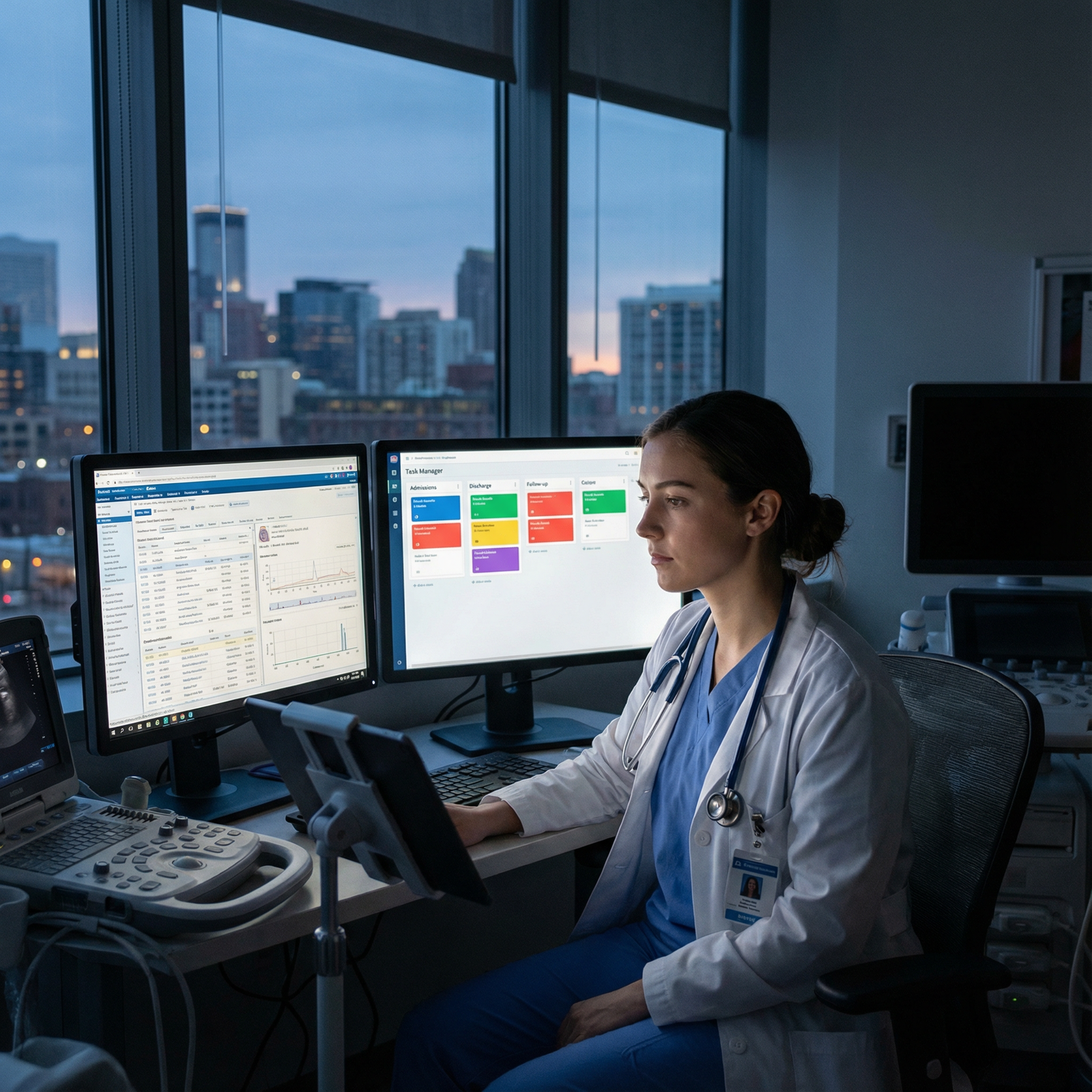 Resident physician using EHR and task management tools at a hospital workstation Resident physician using EHR and task management tools at a hospital workstation - Residency for Essential Tech Tools for Med