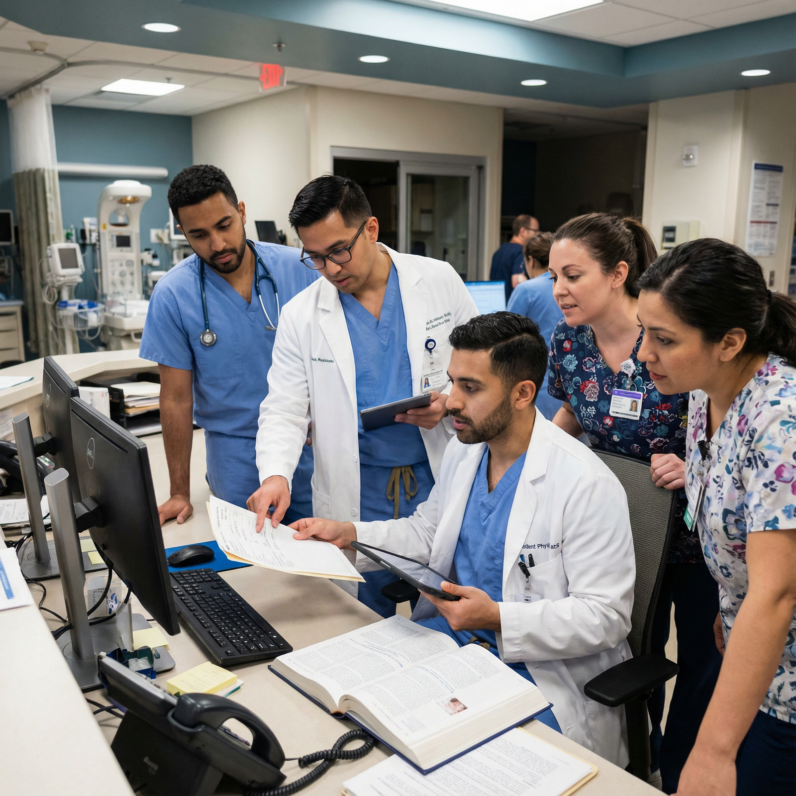 Residents collaborating during on-call emergency - Medical Residency for Mastering On-Call Emergencies: Essential Tools for M