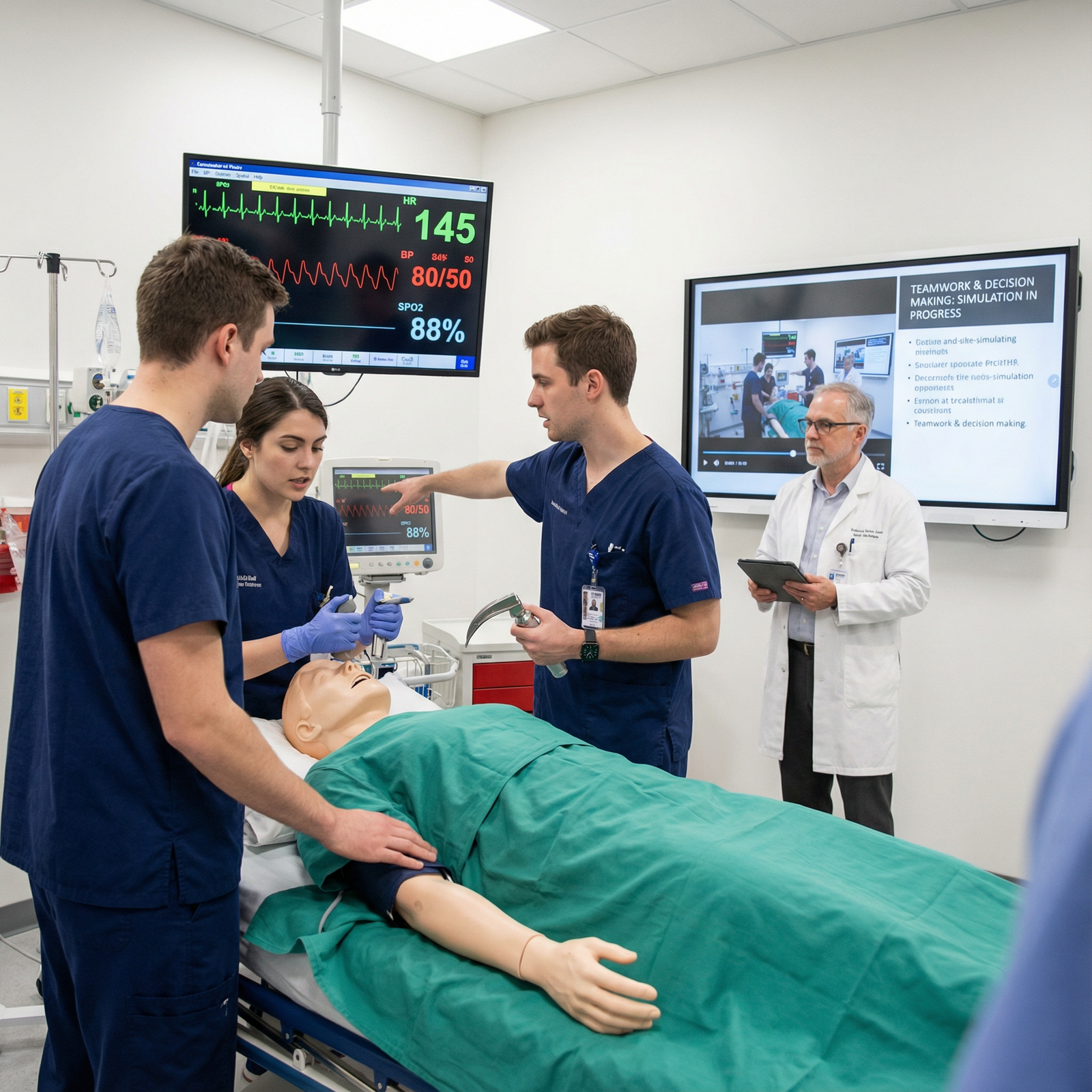 Resident physicians practicing emergency simulations on a high-fidelity mannequin - medical emergencies for Enhancing Decisio