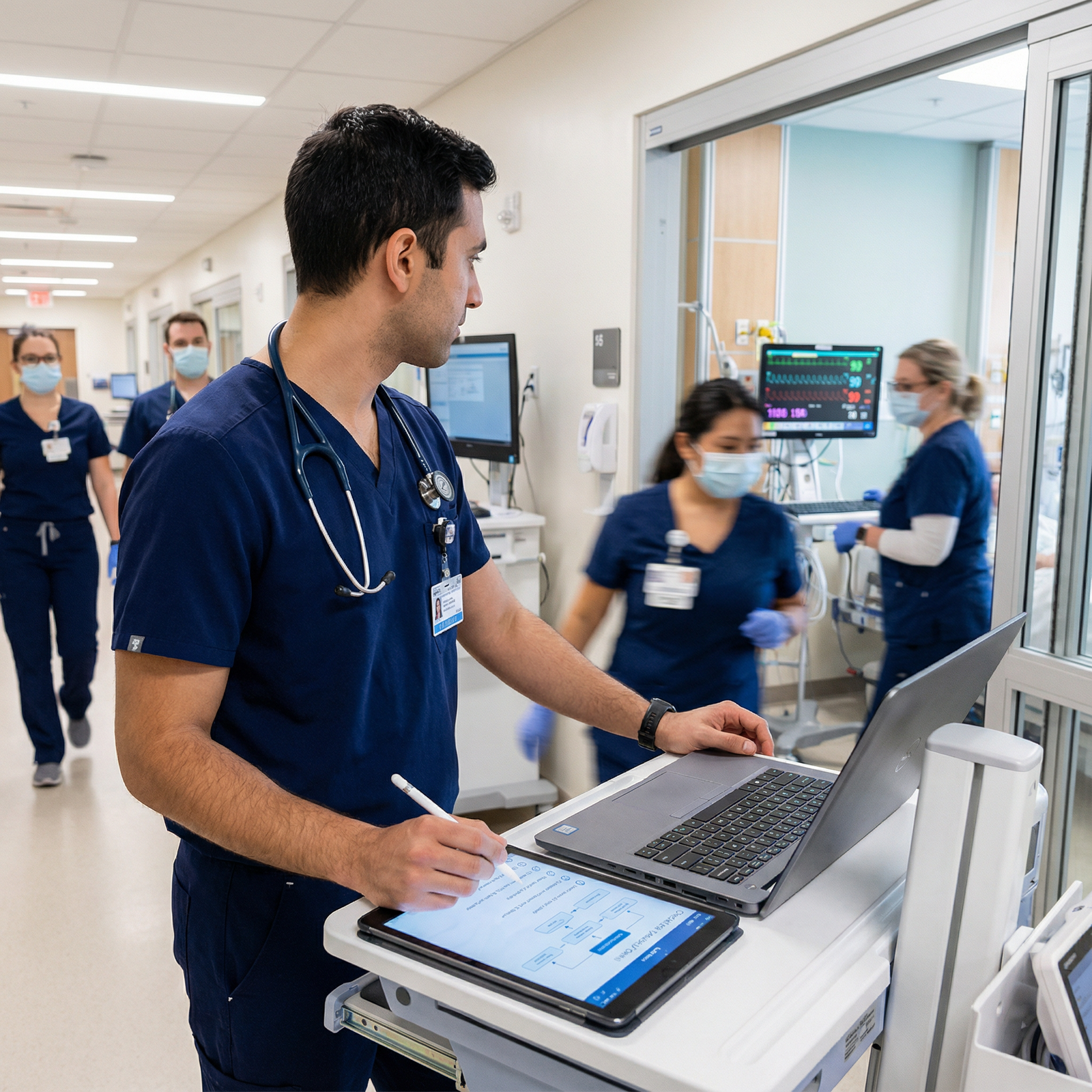 Resident physician using a digital checklist during a busy shift - Resident Physicians for Essential Survival Tools for Resid