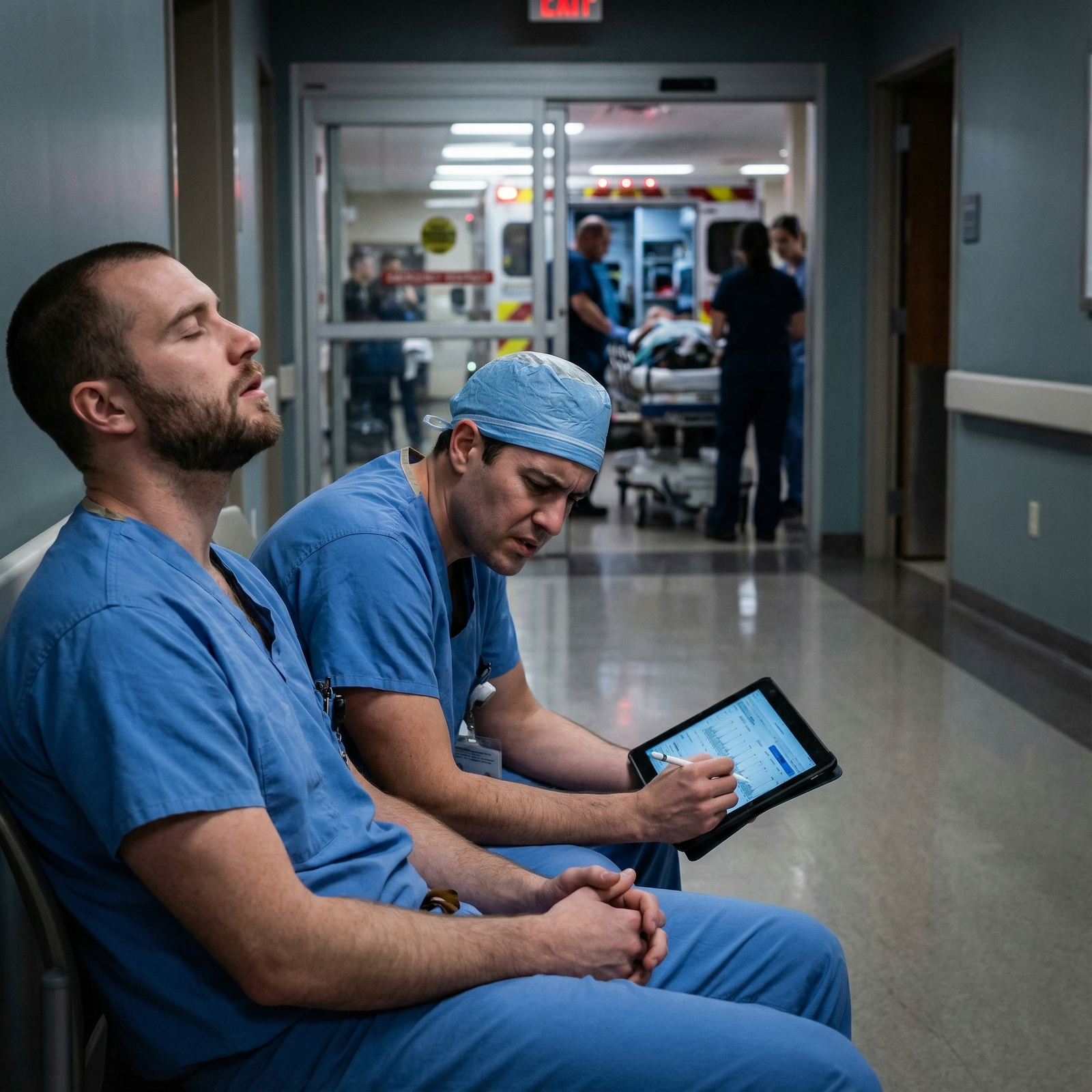 Residents practicing stress management between emergency cases Residents practicing stress management between emergency cases - Emergency Medicine for Mastering Mental Agility in Emergency