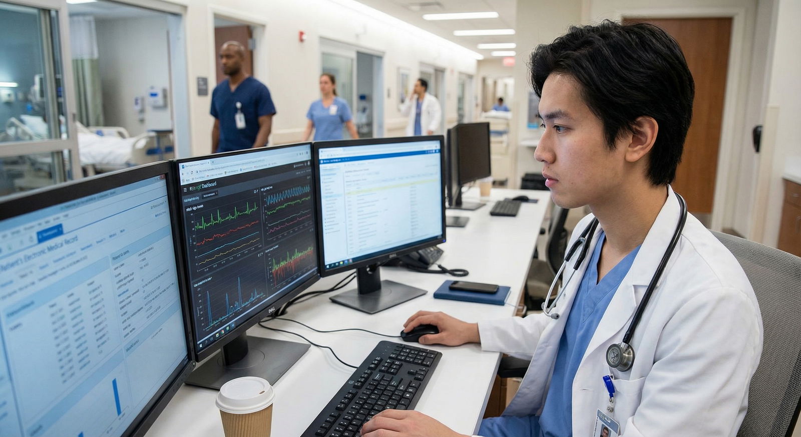 Resident reviewing patient data to anticipate and prevent clinical deterioration - Medical Training for Mastering Crisis Mana