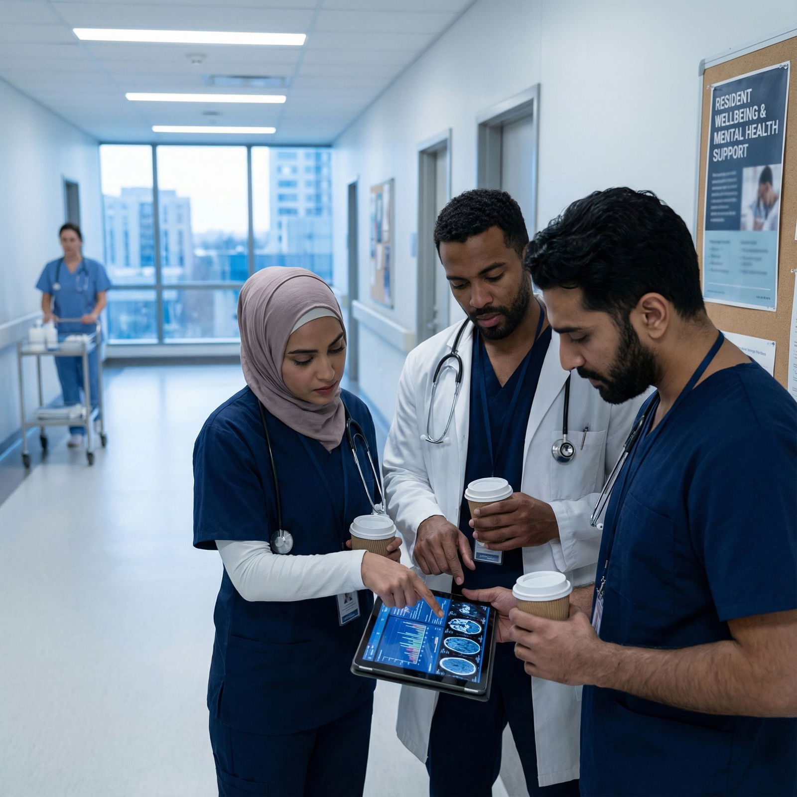 Residents discussing patient care during early morning hospital rounds - Resident Wellbeing for Navigating Duty Hours: Enhanc