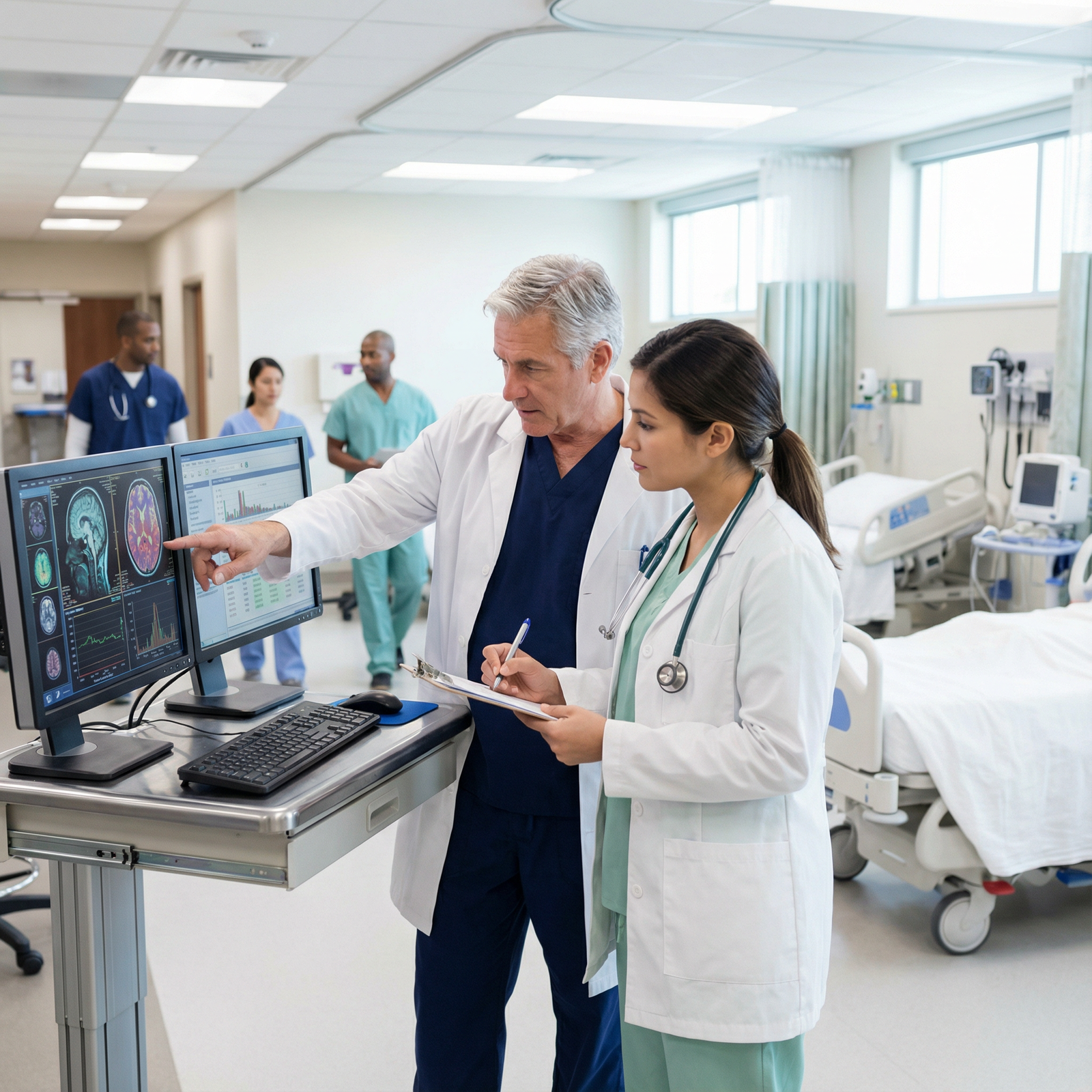 Resident and attending physician discussing patient care on hospital ward - Residency Training for Enhancing Residency Traini