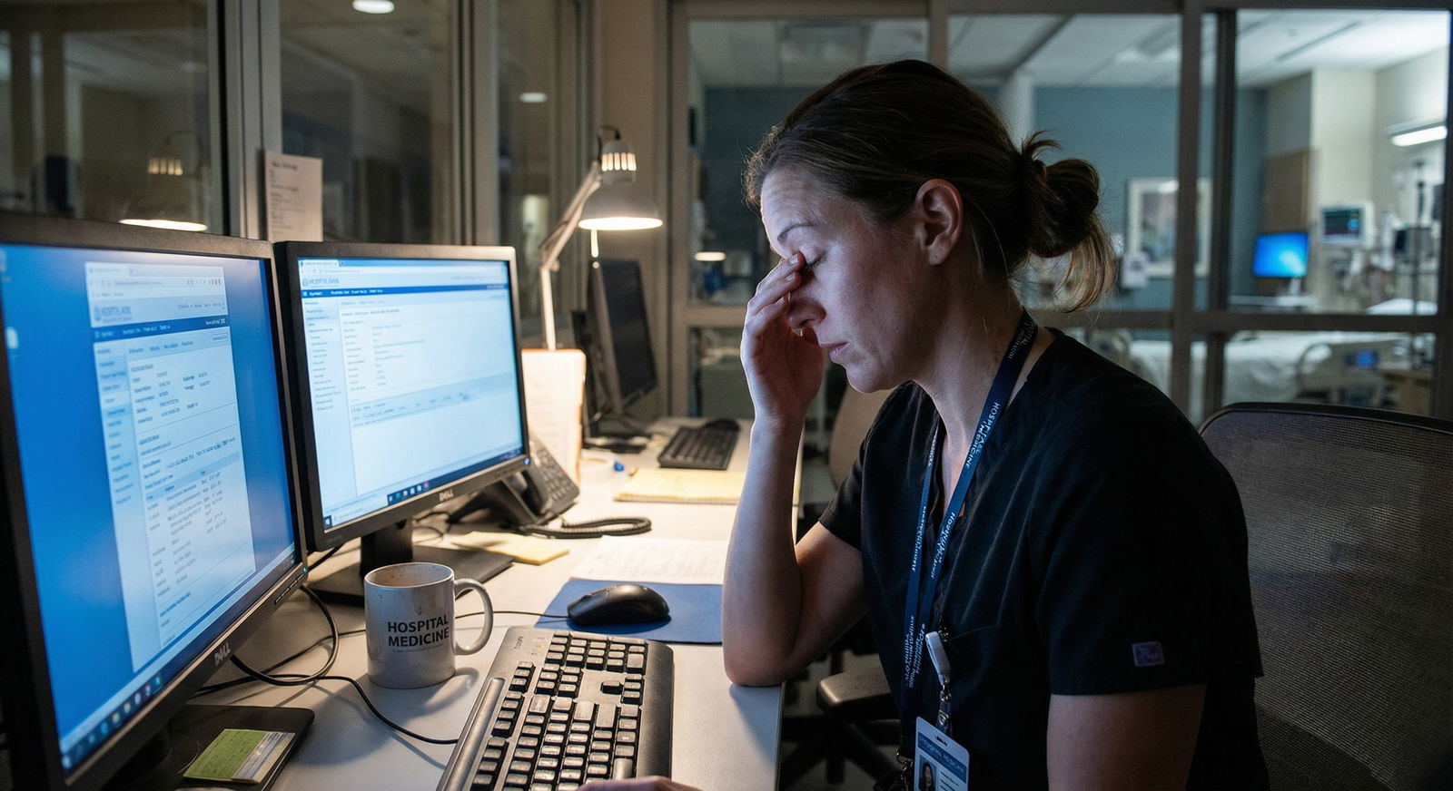 Resident physician reviewing patient charts during a busy overnight shift Resident physician reviewing patient charts during a busy overnight shift - Residency for Navigating Residency Work Hours: In