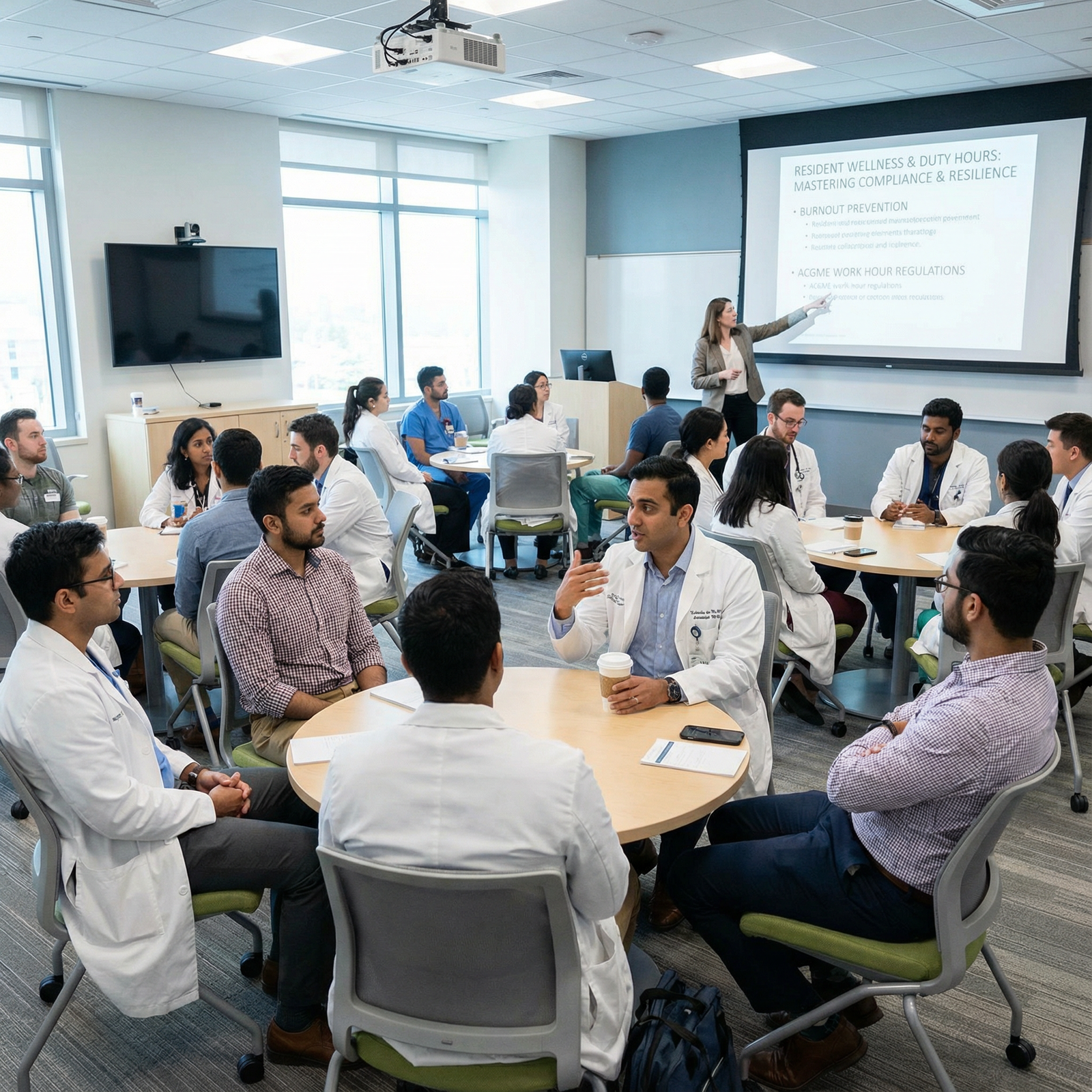 Residents participating in a wellness workshop focused on duty hour balance - Residency Training for Mastering Residency Work