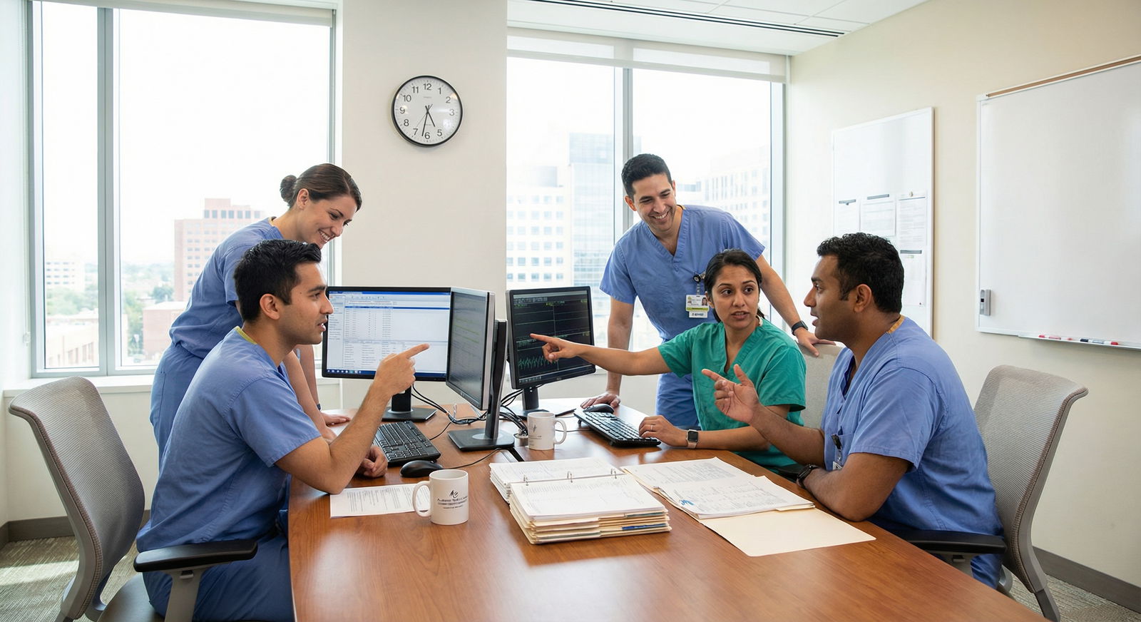 Resident physicians collaborating in a hospital workroom Resident physicians collaborating in a hospital workroom - Medical Residency for Enhancing Resident Well-Being: Duty Hours an
