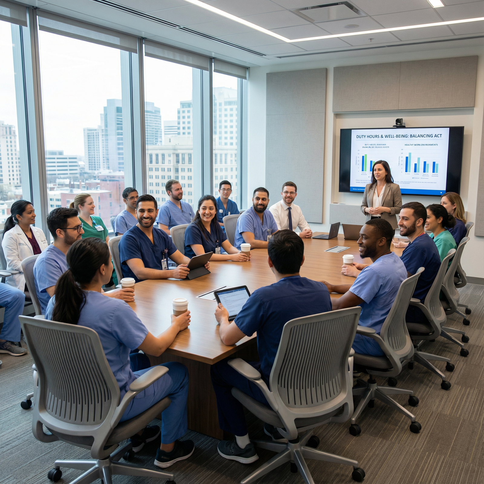 Resident wellness and education session in a conference room Resident wellness and education session in a conference room - Medical Residency for Enhancing Resident Well-Being: Duty Hour