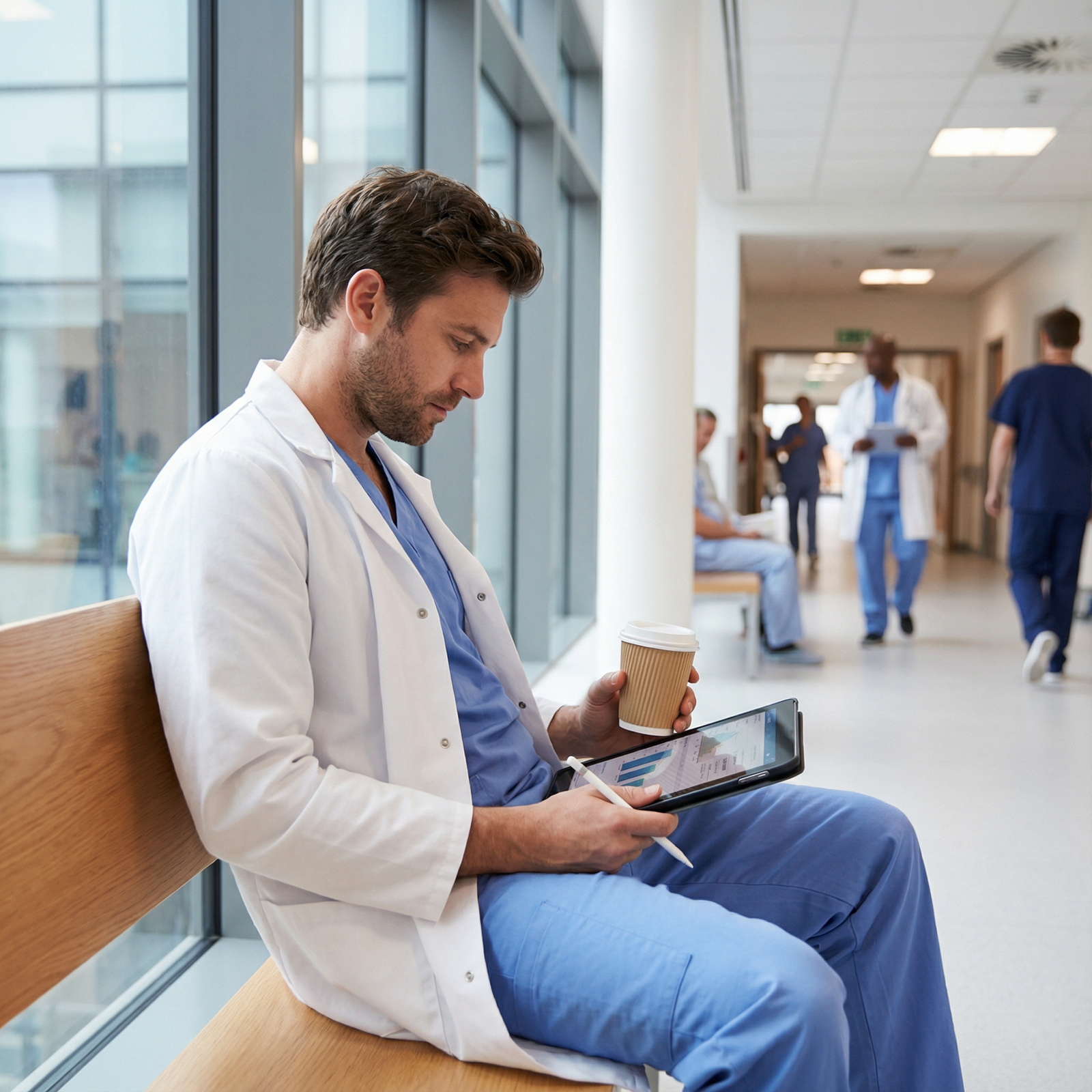 Resident physician taking a brief break during rounds - Residency for Mastering Residency Work Hours: Balancing Training and