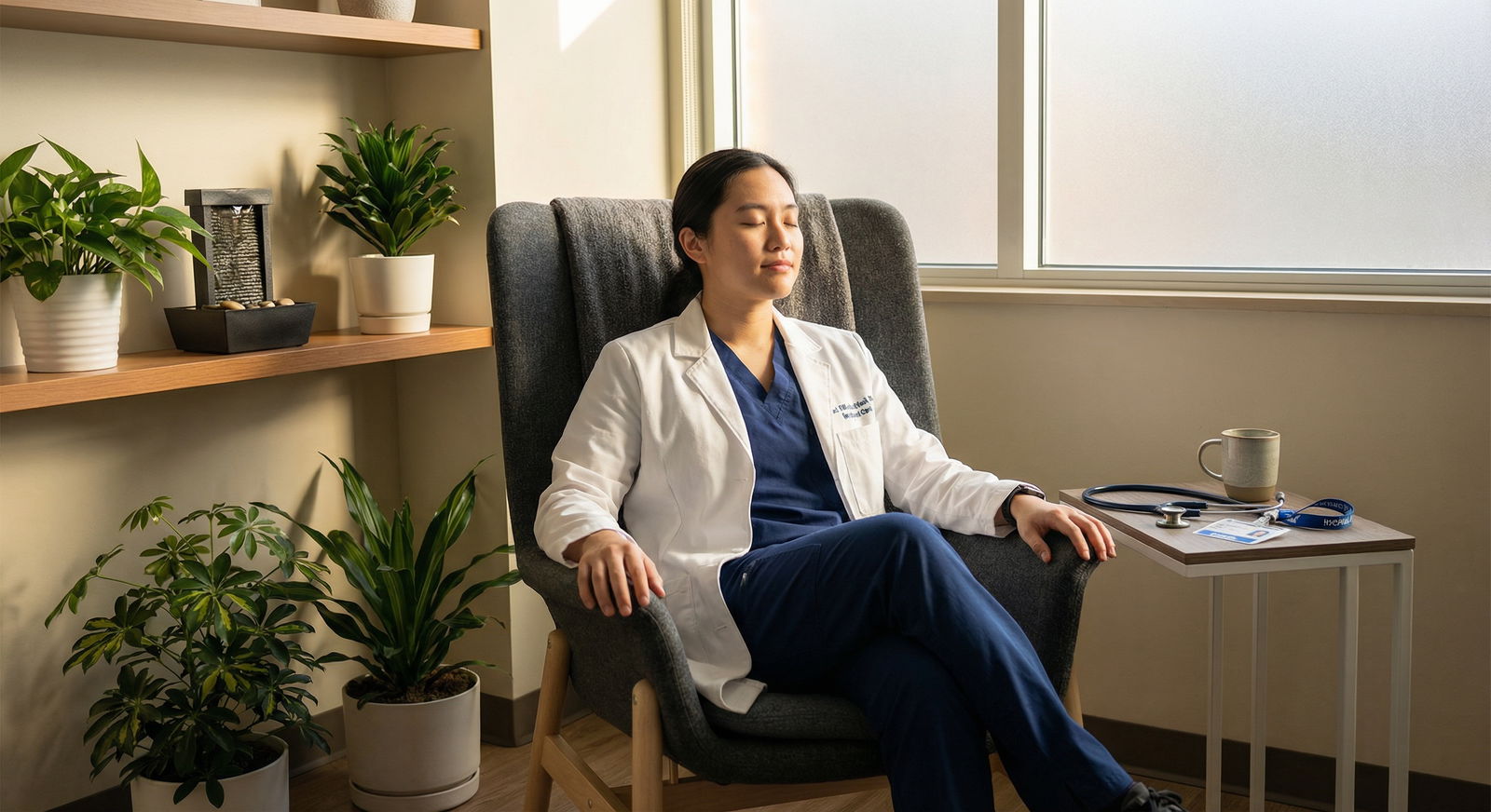 Medical resident taking a quiet reflection break in hospital wellness space - Medical Residency for Unlocking Medical Residen