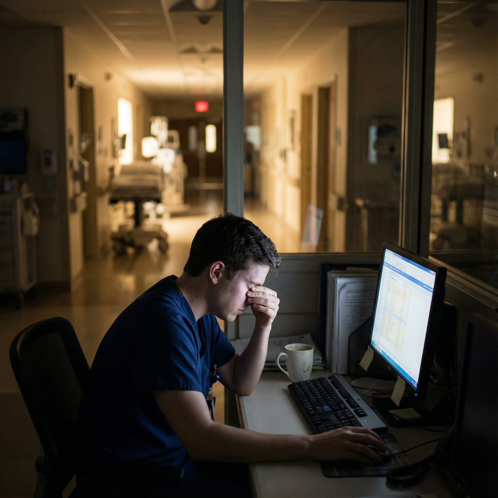 Tired resident reviewing patient chart late at night in hospital - Residency Training for Are Current Residency Work Hours Su