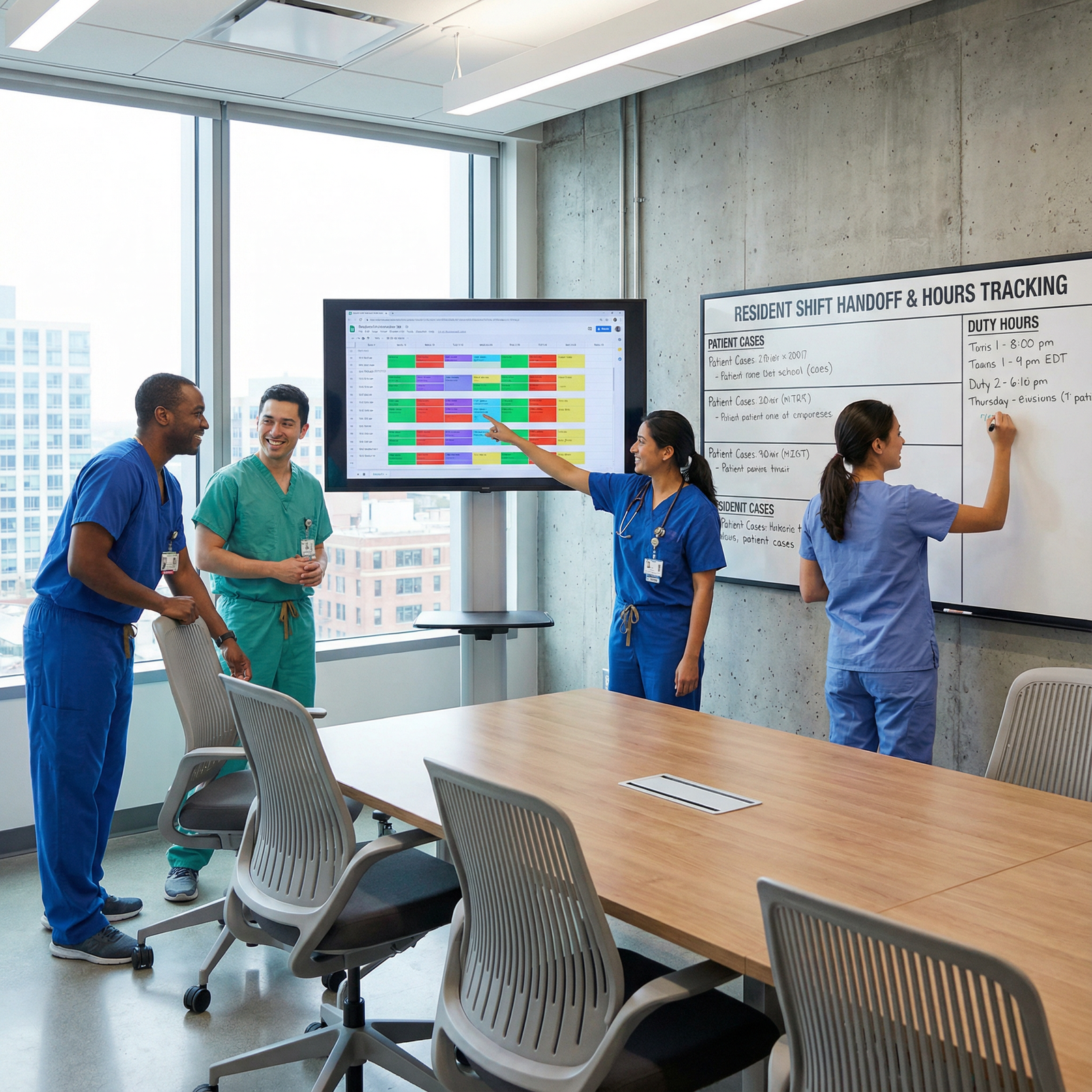Residents collaborating during handoff in a hospital workroom - Residency Hours for Revolutionizing Residency Hours: Enhancin