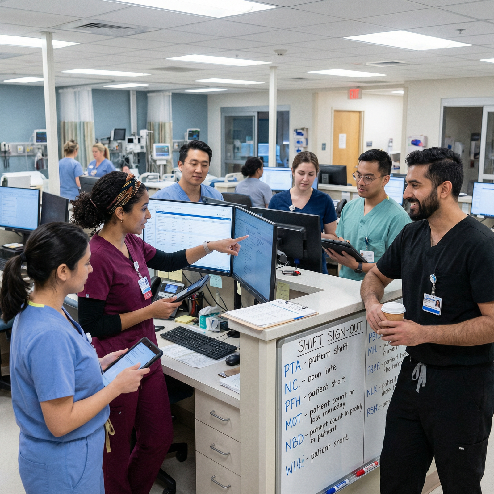 Medical residents collaborating during sign-out between shifts - Residency Management for Mastering Residency Management: Ess