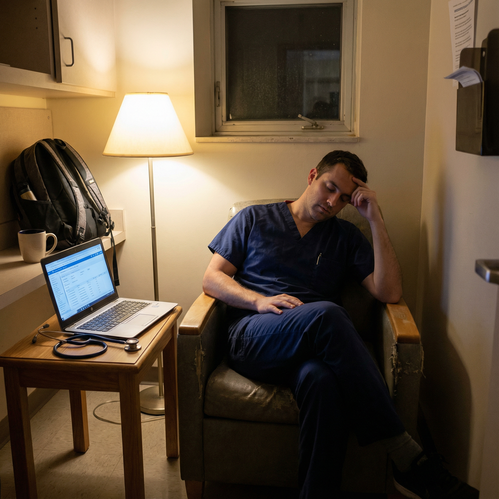 Tired resident physician resting in call room after a night shift - Residency Training for Ensuring ACGME Compliance: Work Ho