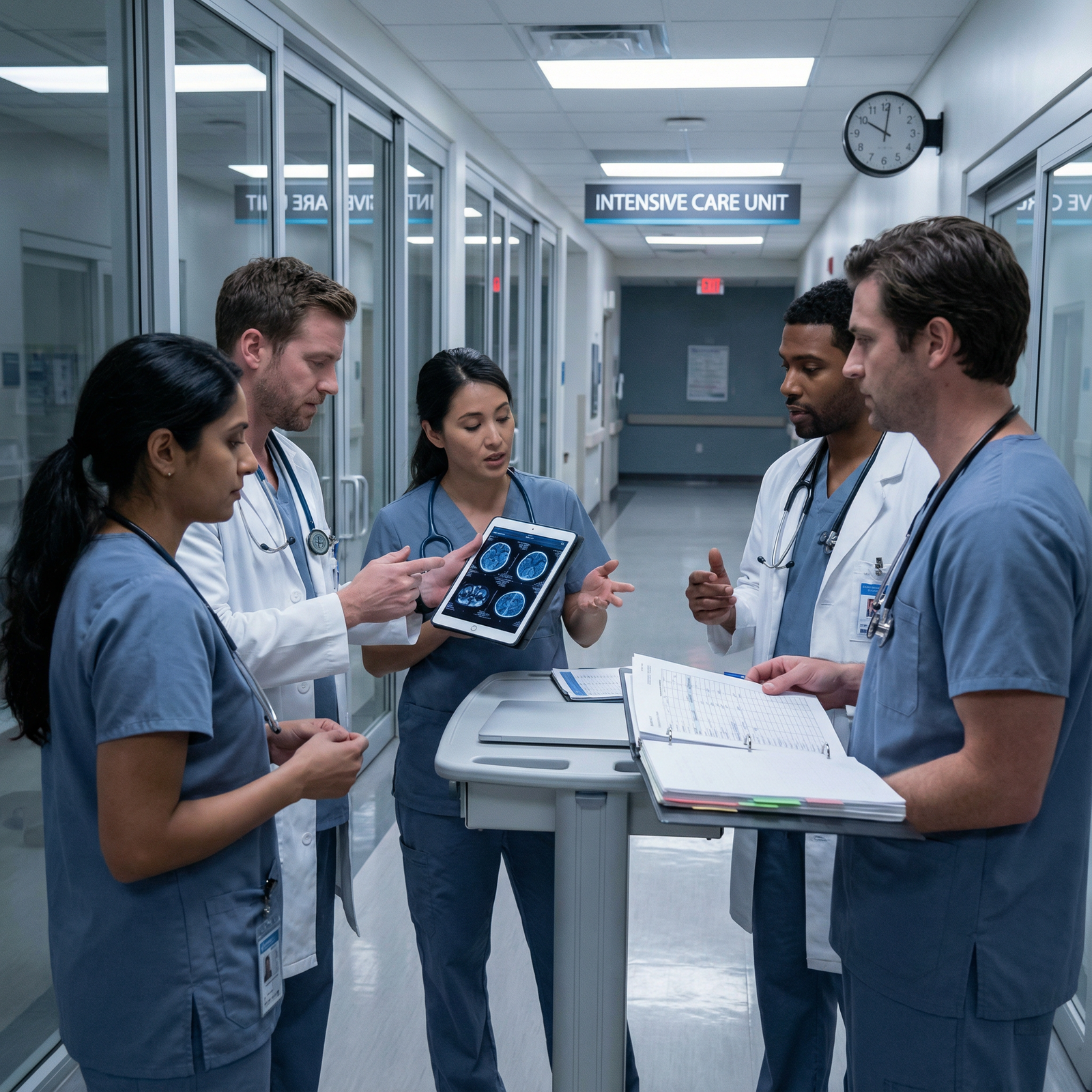 Residents collaborating during overnight hospital rounds - medical residency for The Toll of Long Residency Hours on Medical