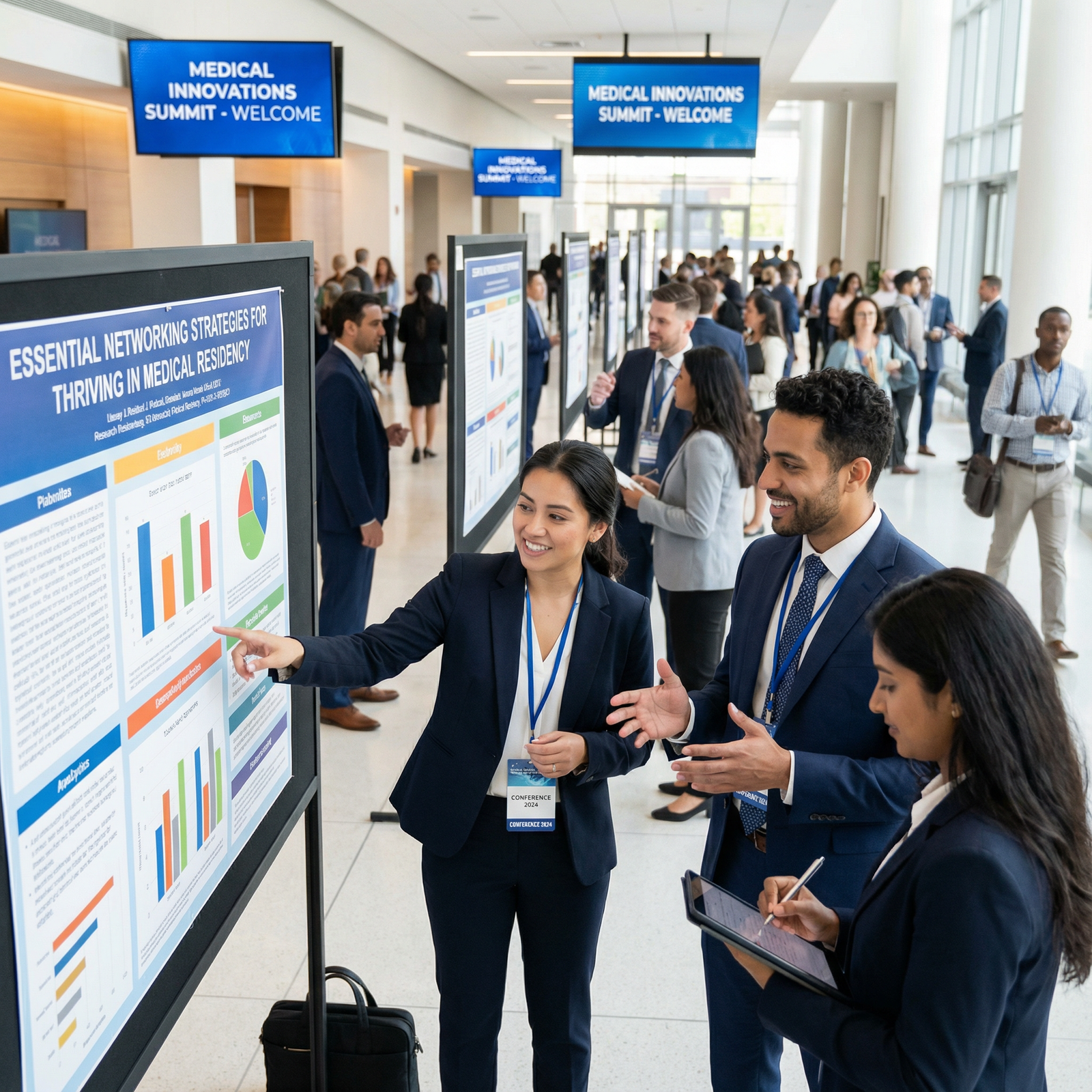 Residents networking at a medical conference poster session - Networking for Essential Networking Strategies for Thriving in