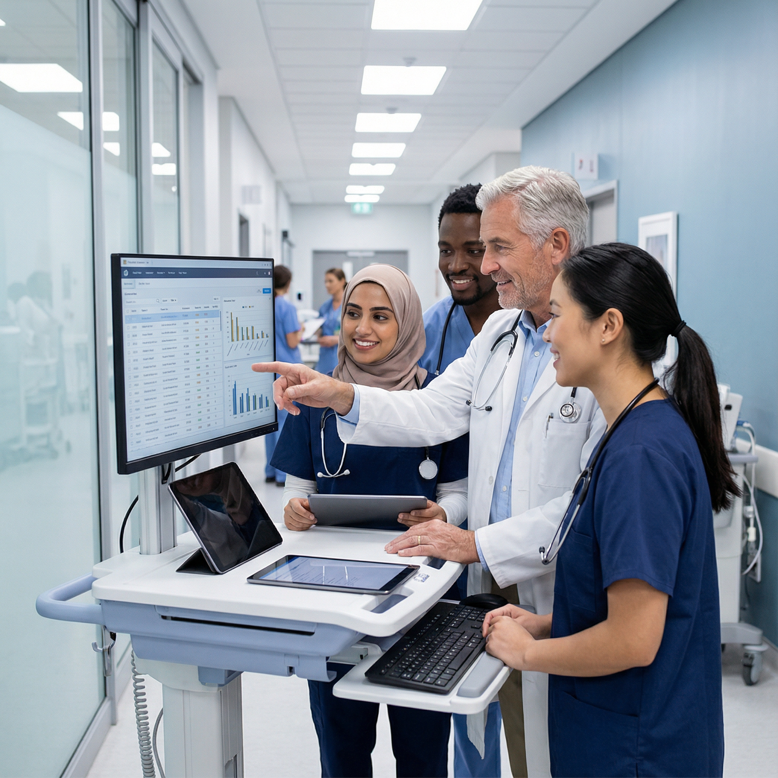 Residents in a team huddle reviewing patient lists and EHR - Patient Records for Mastering Patient Records: Essential EHR Str
