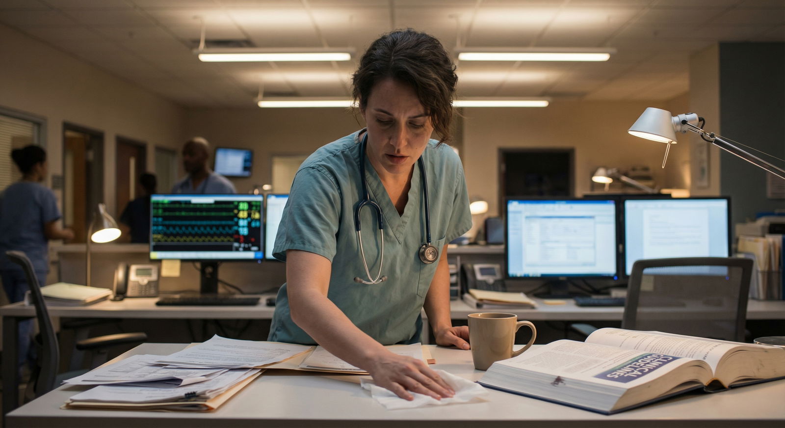 Resident tidying a shared hospital workroom at the end of shift - Workspace Organization for Maximize Productivity in Residen