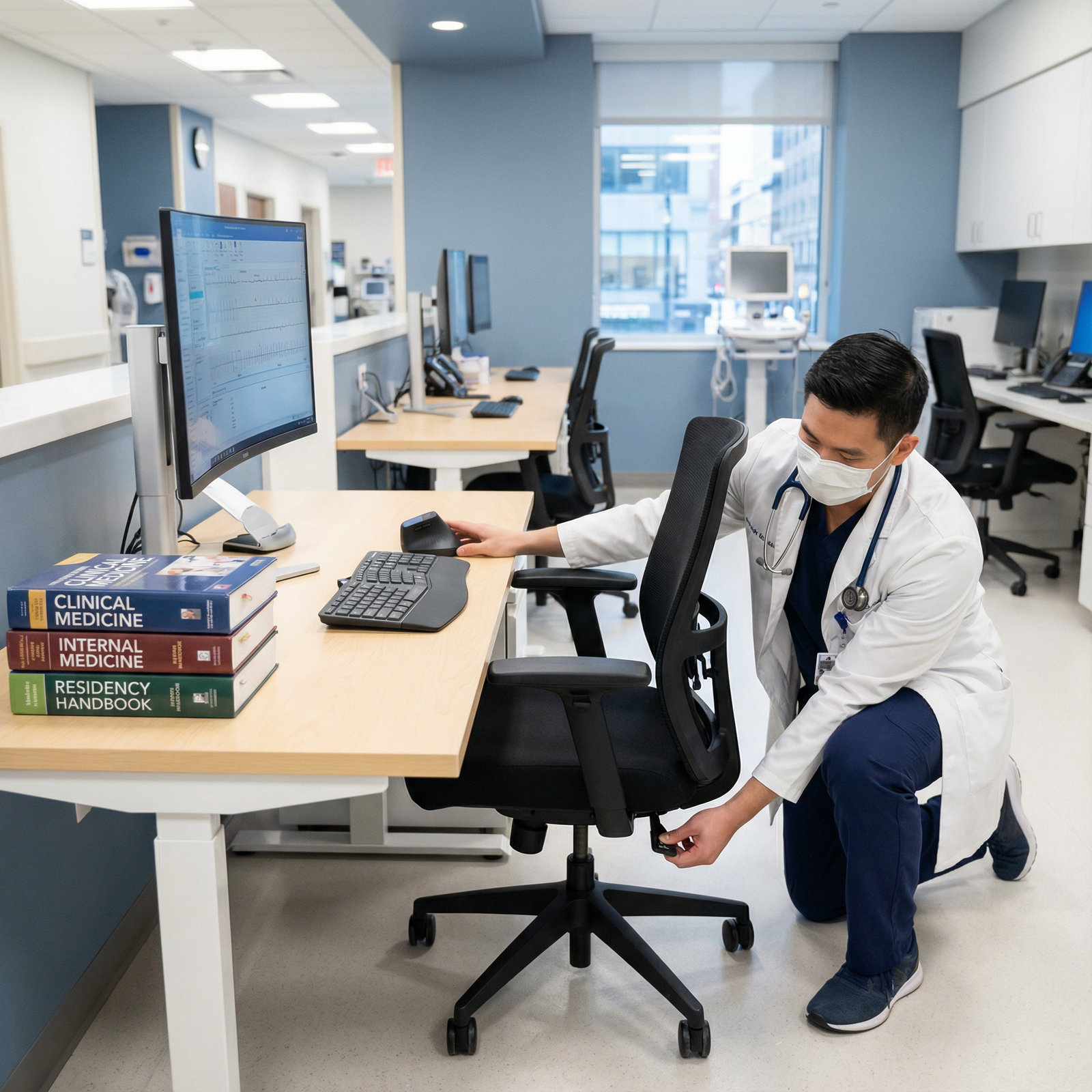 Resident maintaining an ergonomic and clean workstation - Workspace Organization for Maximize Productivity in Residency with