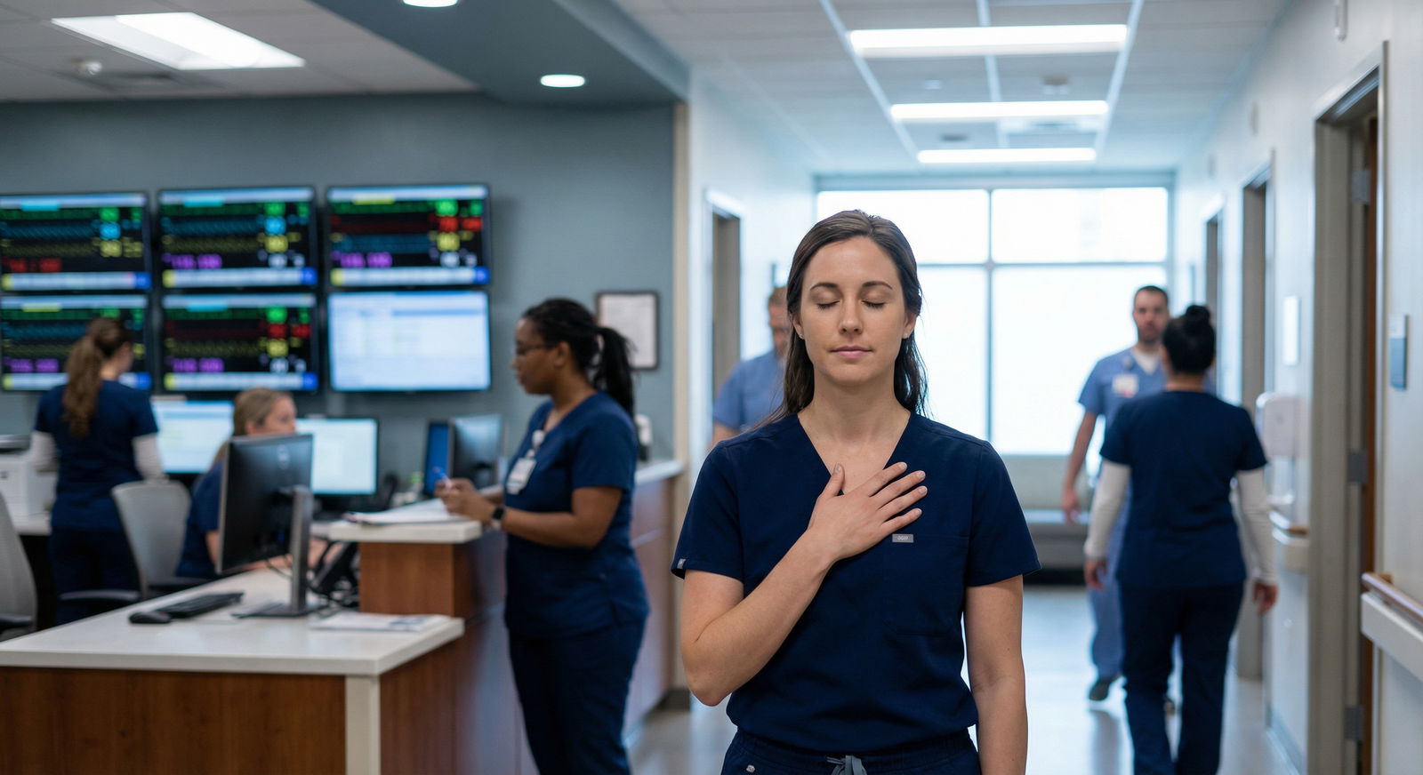 Resident physician doing a brief mindfulness exercise in a hospital corridor - mindfulness for Mastering Mindfulness: Stress