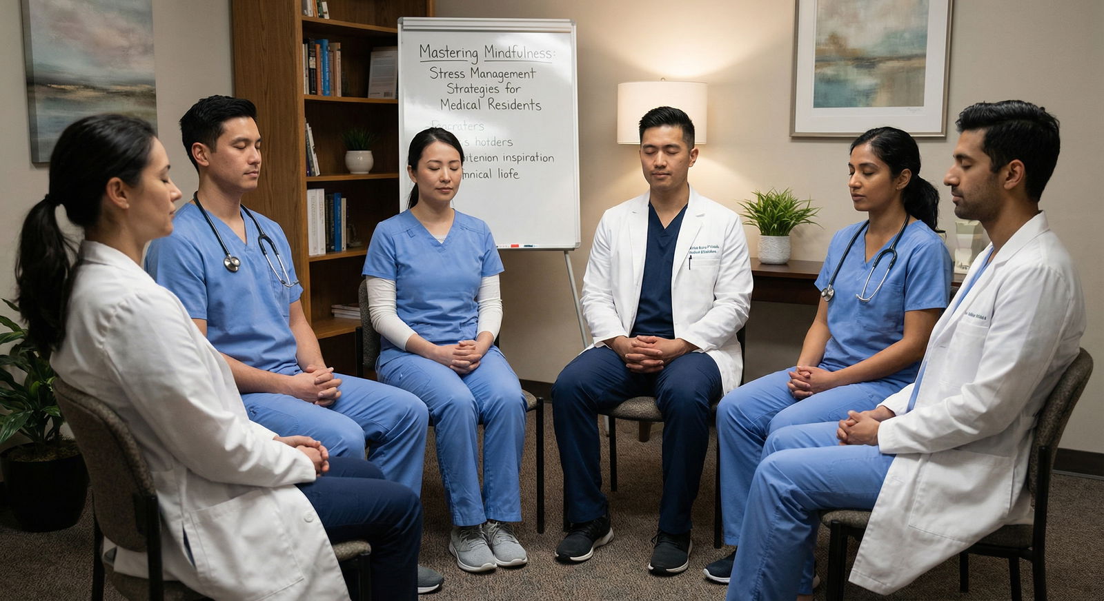 Medical residents in a small group mindfulness and reflection session - mindfulness for Mastering Mindfulness: Stress Managem