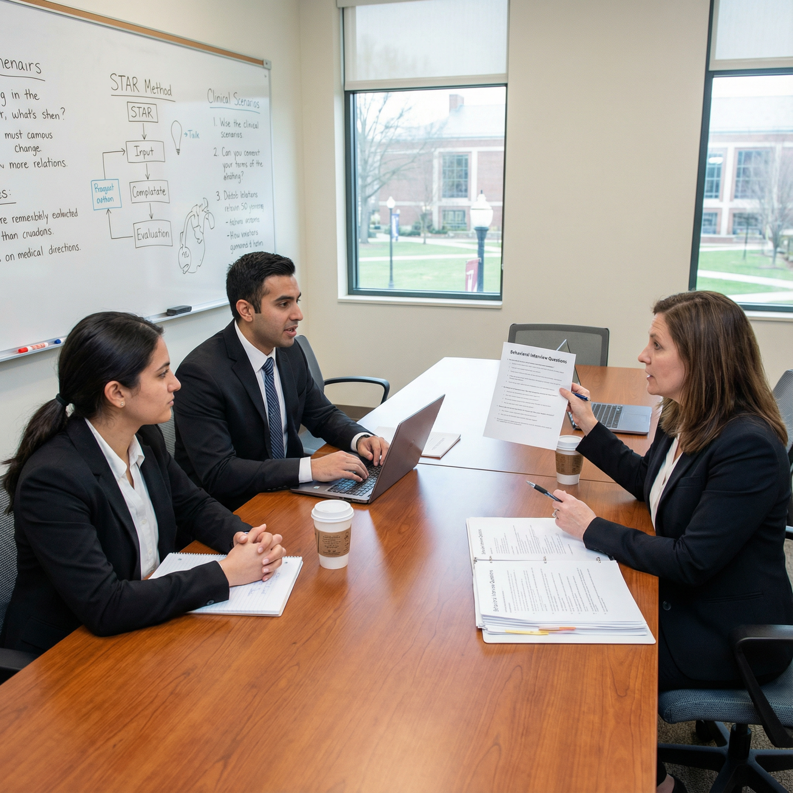 Medical students practicing behavioral interview role-play in a small group Medical students practicing behavioral interview role-play in a small group - Interview Preparation for Mastering Behavioral