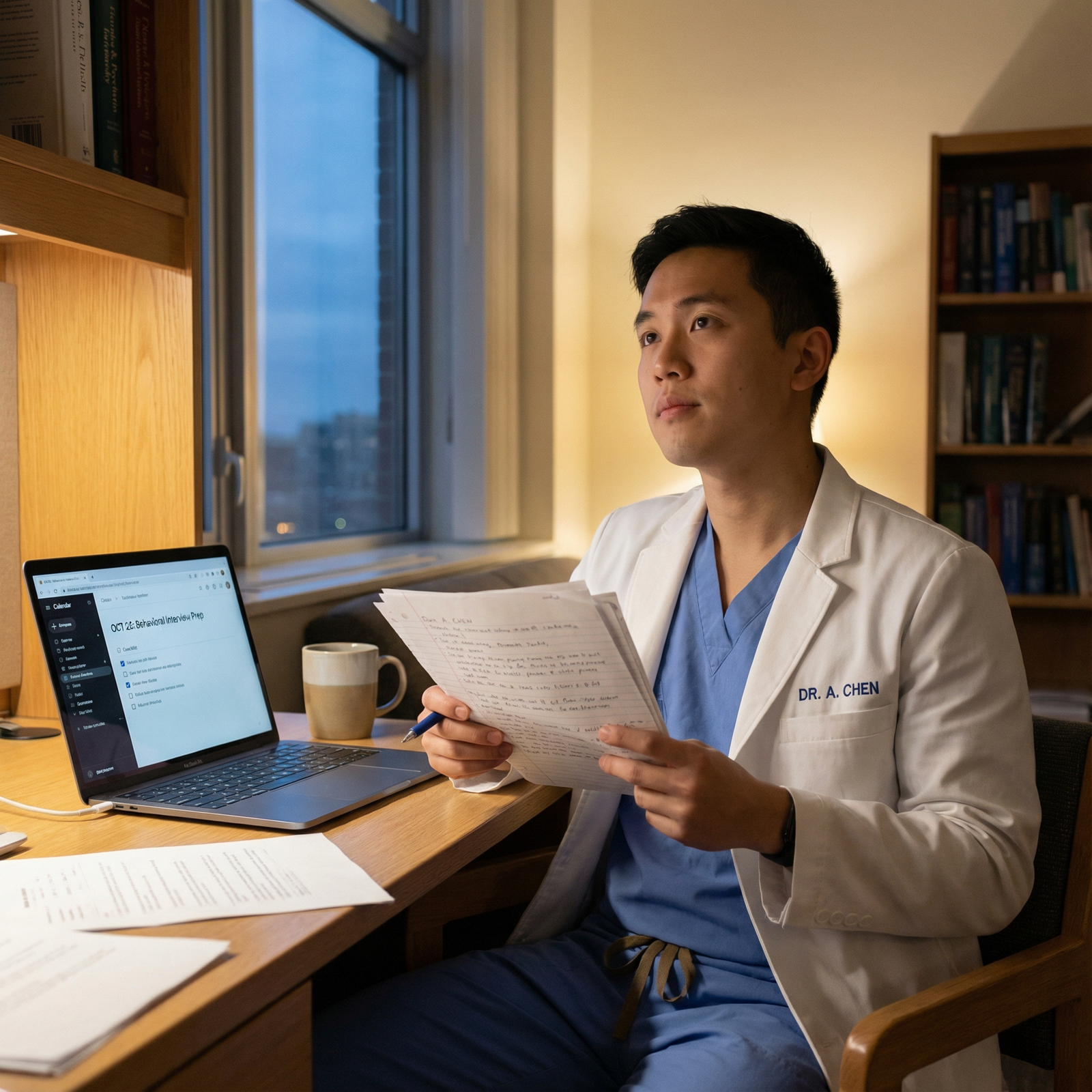 Resident reviewing interview notes and reflecting Resident reviewing interview notes and reflecting - Interview Preparation for Mastering Behavioral Interviews: Transforming A