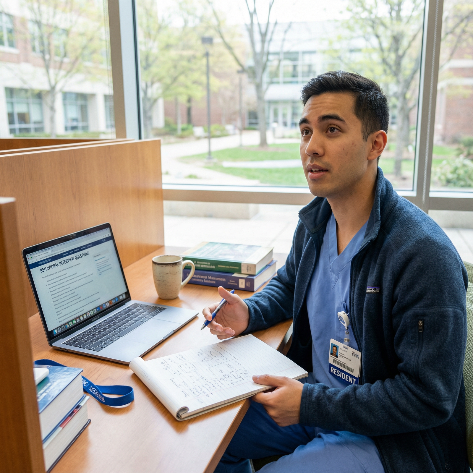 Medical resident reflecting and preparing answers before an interview - Behavioral Interviews for Mastering Behavioral Interv