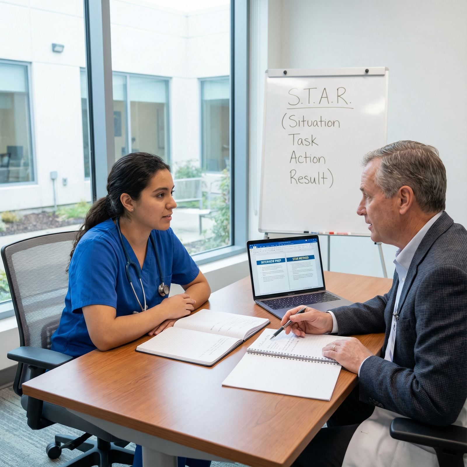 Medical student practicing interview preparation with mentor Medical student practicing interview preparation with mentor - Interview Preparation for Mastering Interview Types: Behaviora