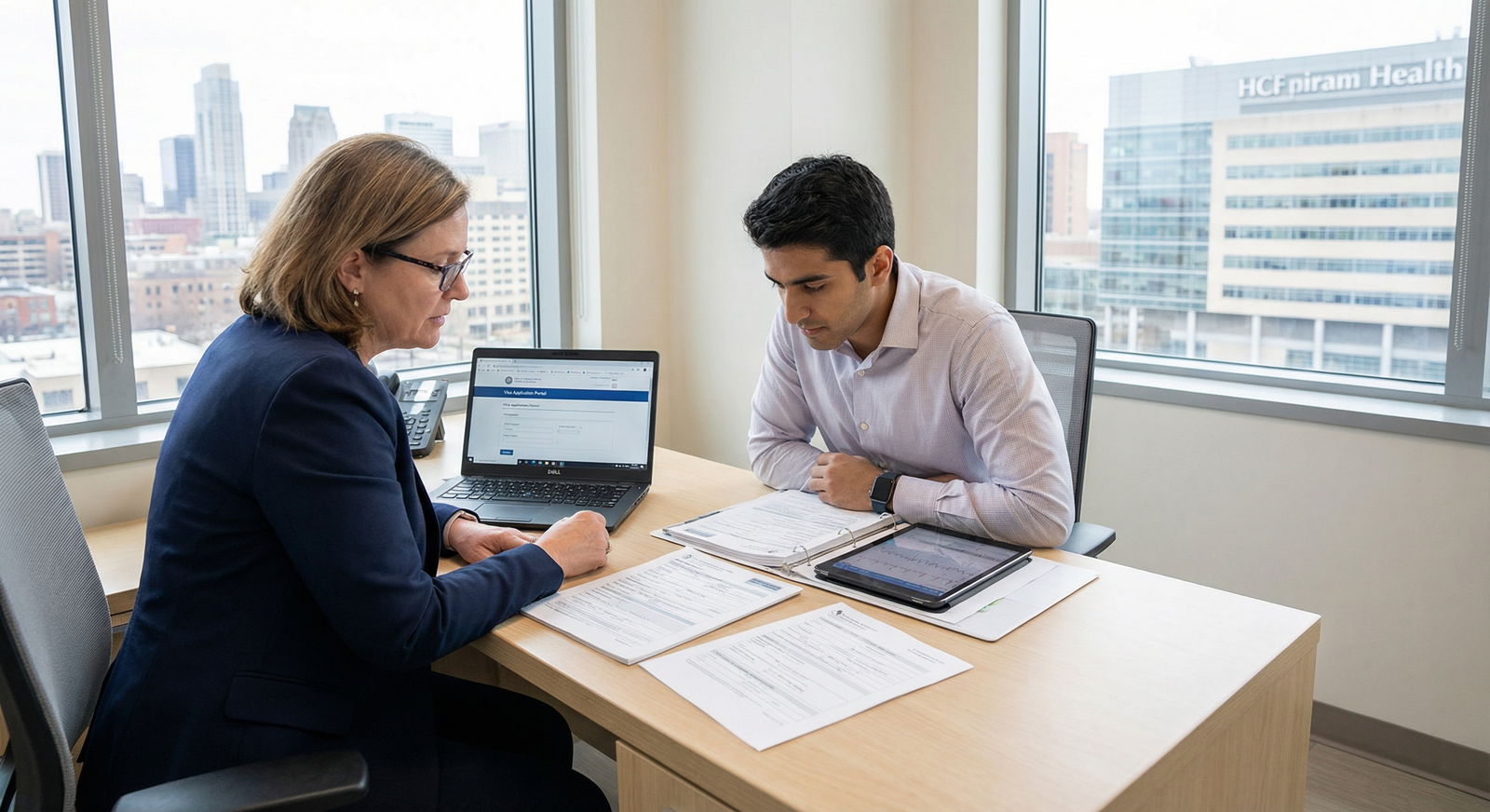 Residency program director discussing visa options with international applicant Residency program director discussing visa options with international applicant - International Medical Graduates for Navigat