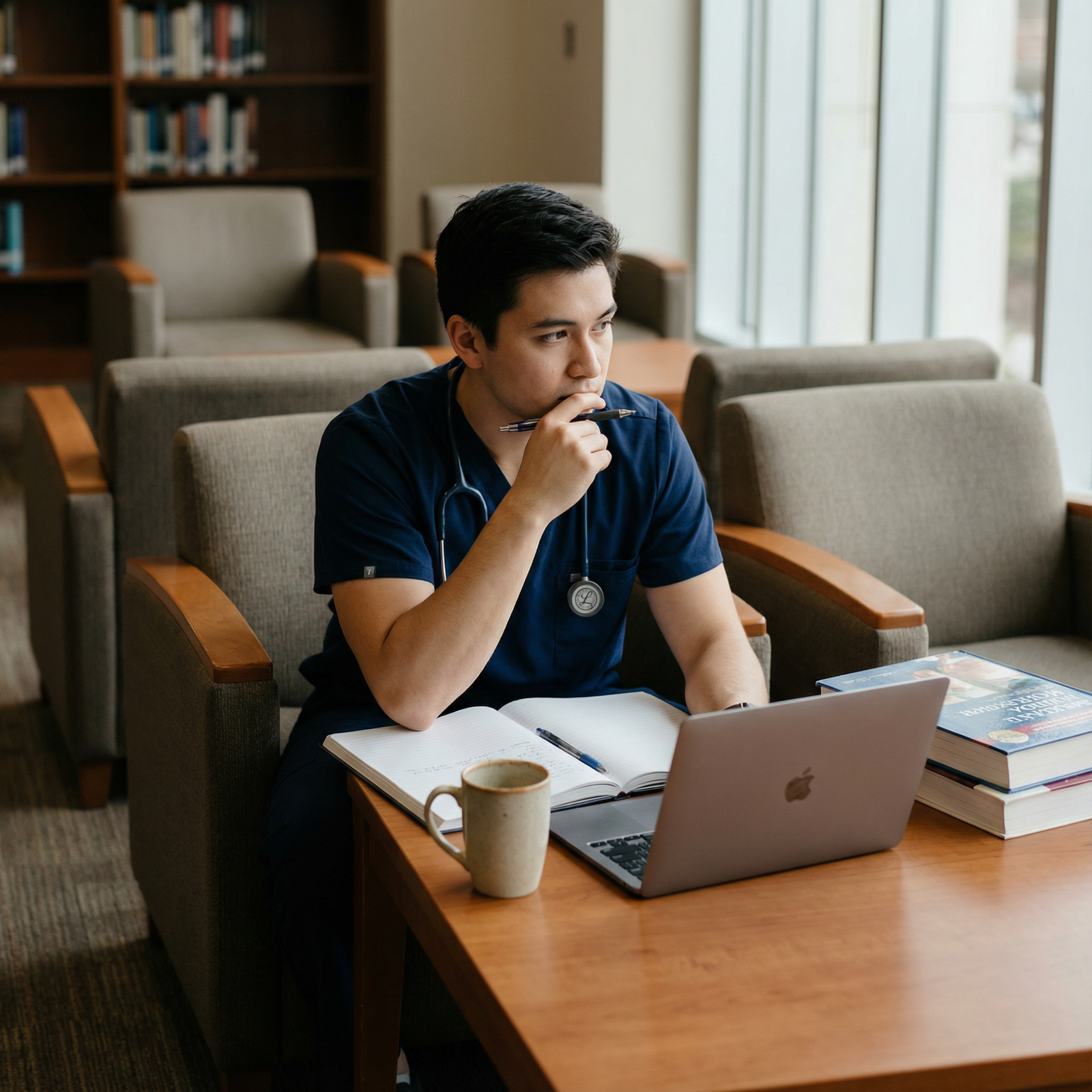 Medical student reflecting and studying in a quiet hospital lounge Medical student reflecting and studying in a quiet hospital lounge - Clerkships for Mastering Clerkships: Your Key to Success